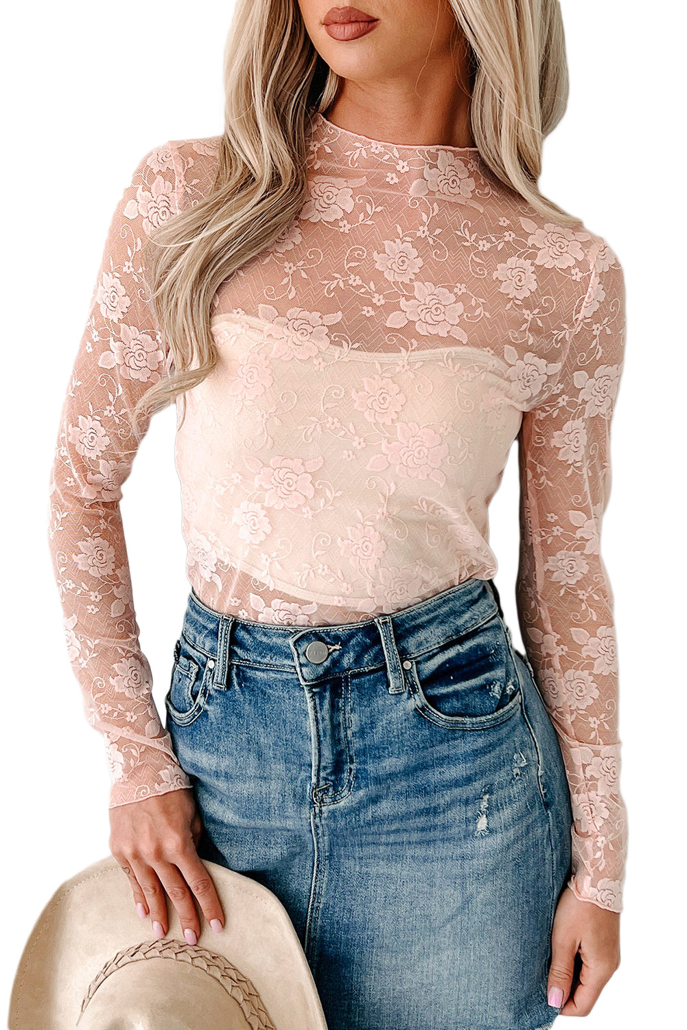 Black Mock Neck Floral Lace Mesh Long Sleeve Top