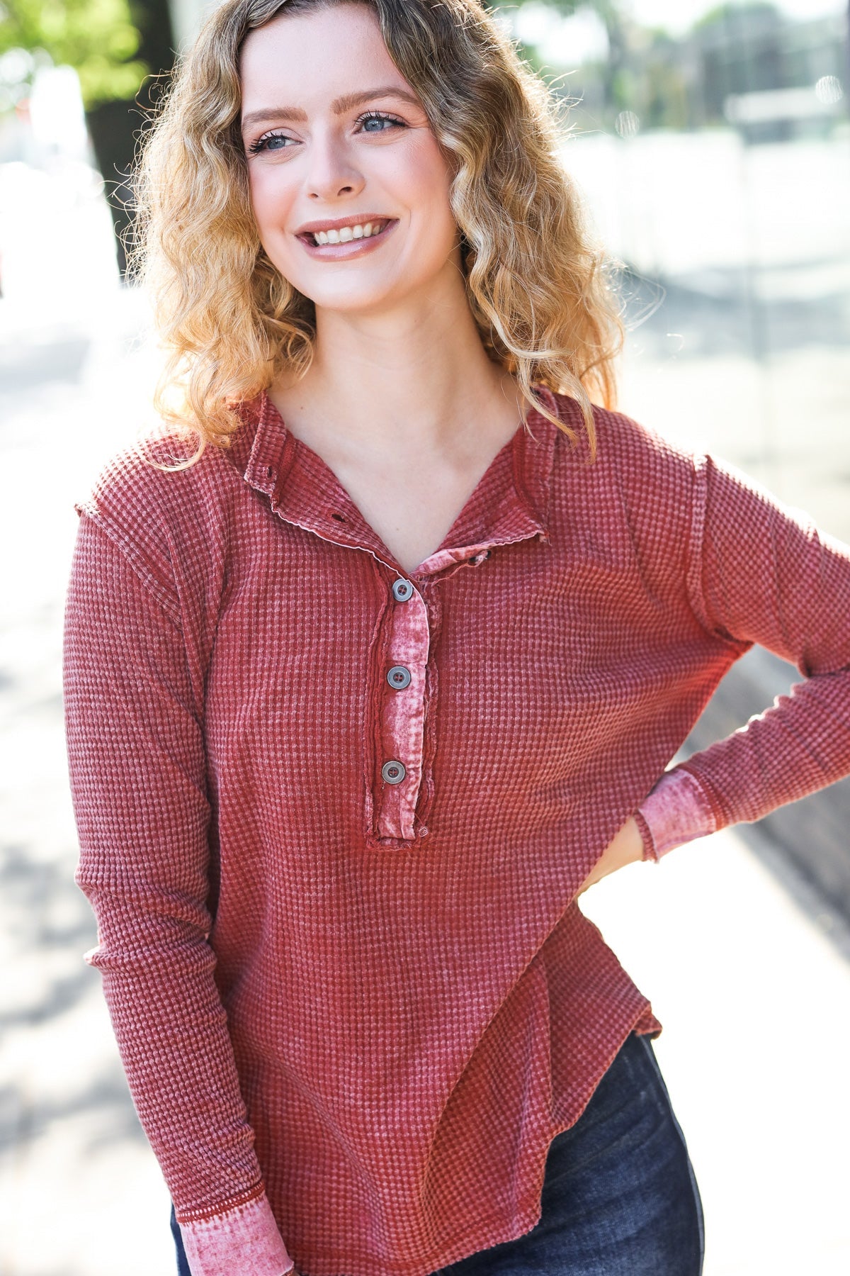 Rust Washed Baby Waffle Henley Top