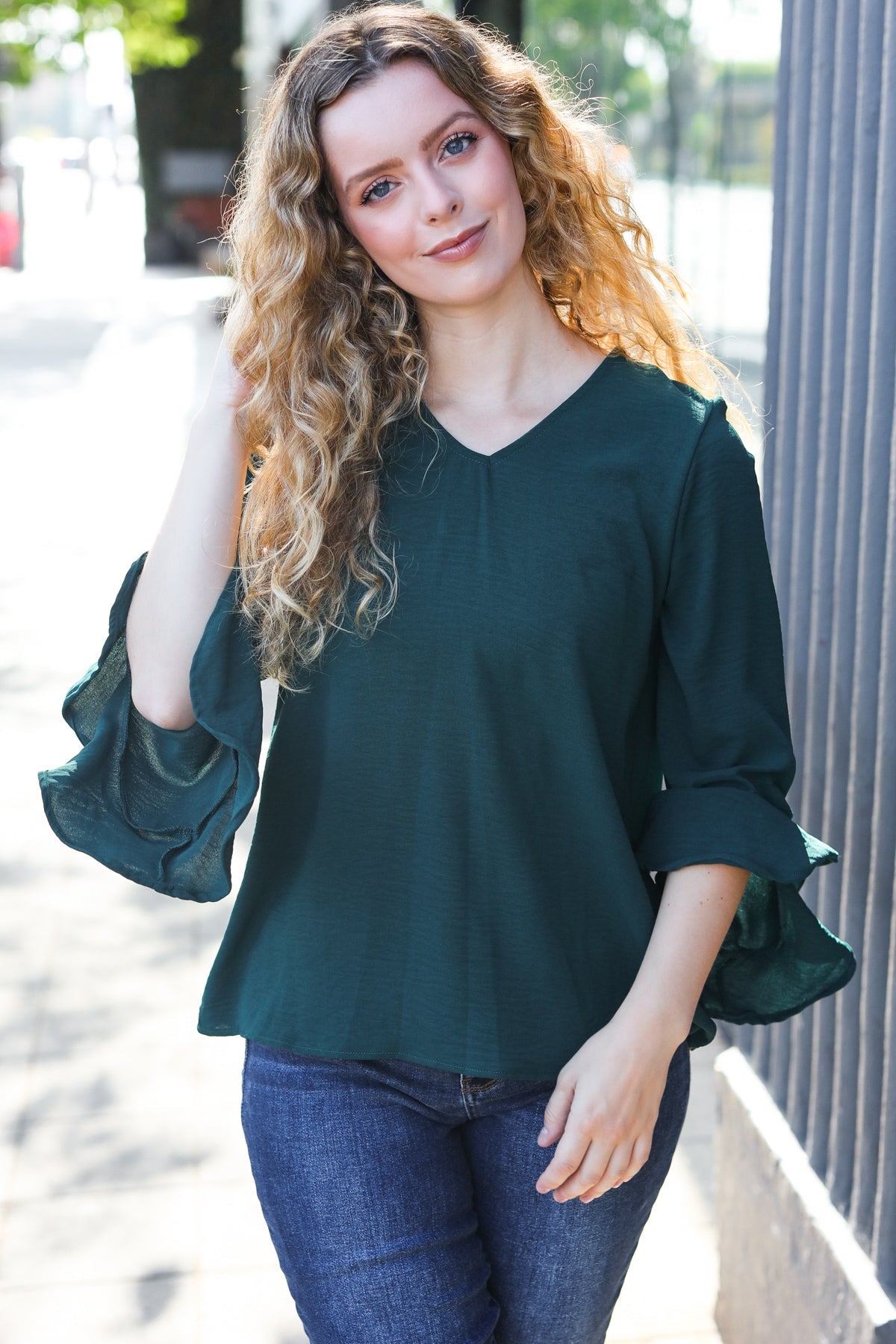 Falling In Love Hunter Green Hi-Lo Ruffle Sleeve Woven Top