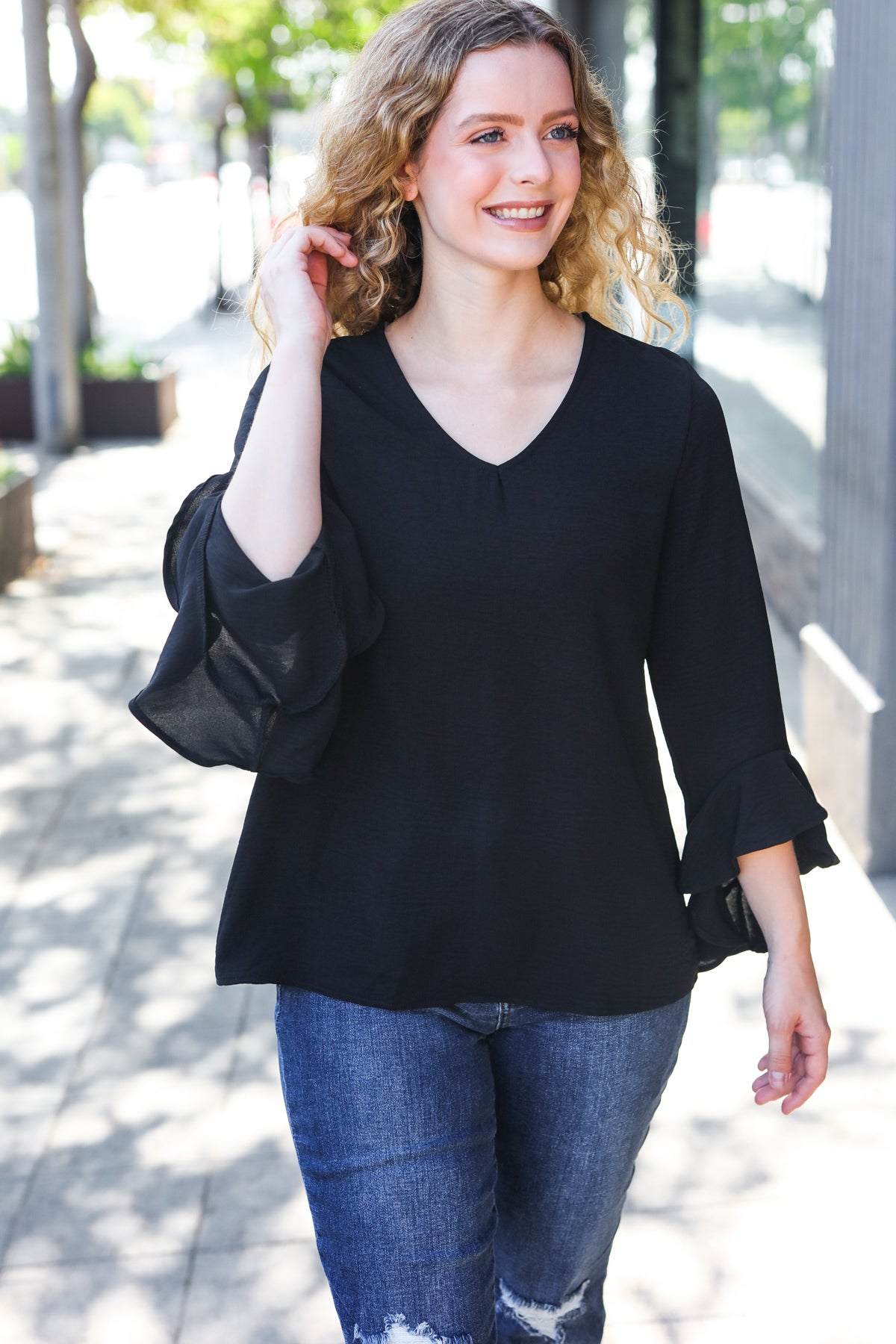 Falling In Love Black Hi-Lo Ruffle Sleeve Woven Top