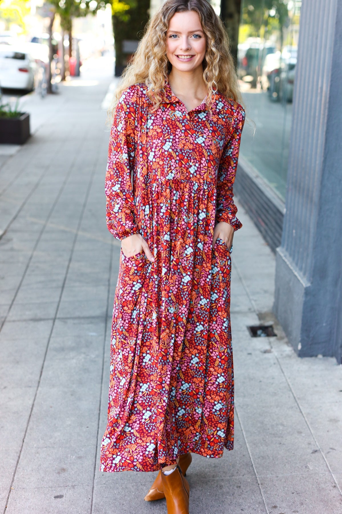 Casual Living Burgundy Floral Collared Fit & Flare Maxi Dress