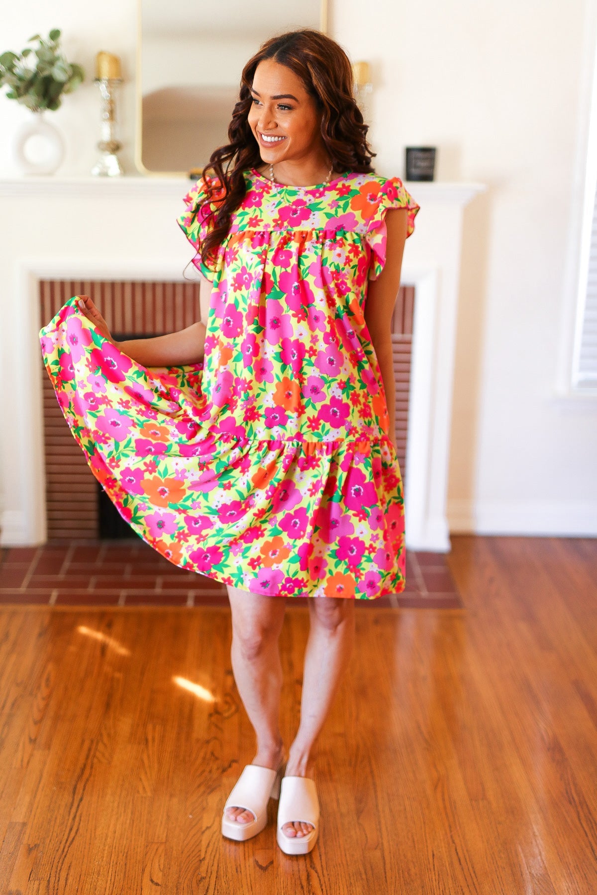 Be Charming Lime & Pink Floral Print Tiered Ruffle Sleeve Dress