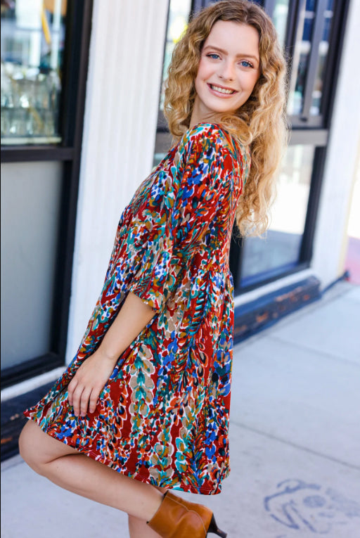 Day Dreaming Burgundy Floral Print V Neck Babydoll Dress