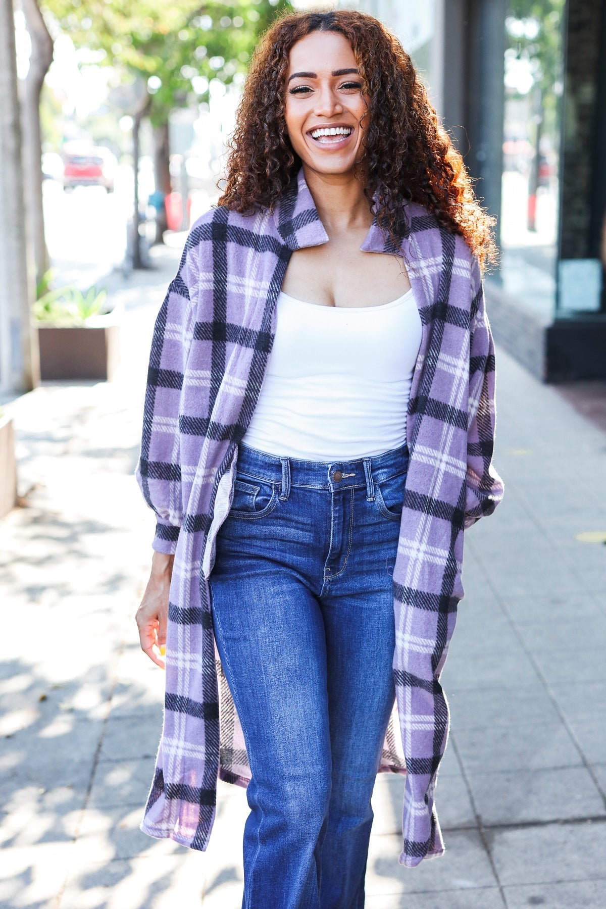 Fall Vibes Lavender Plaid Hacci Knit Open Cardigan