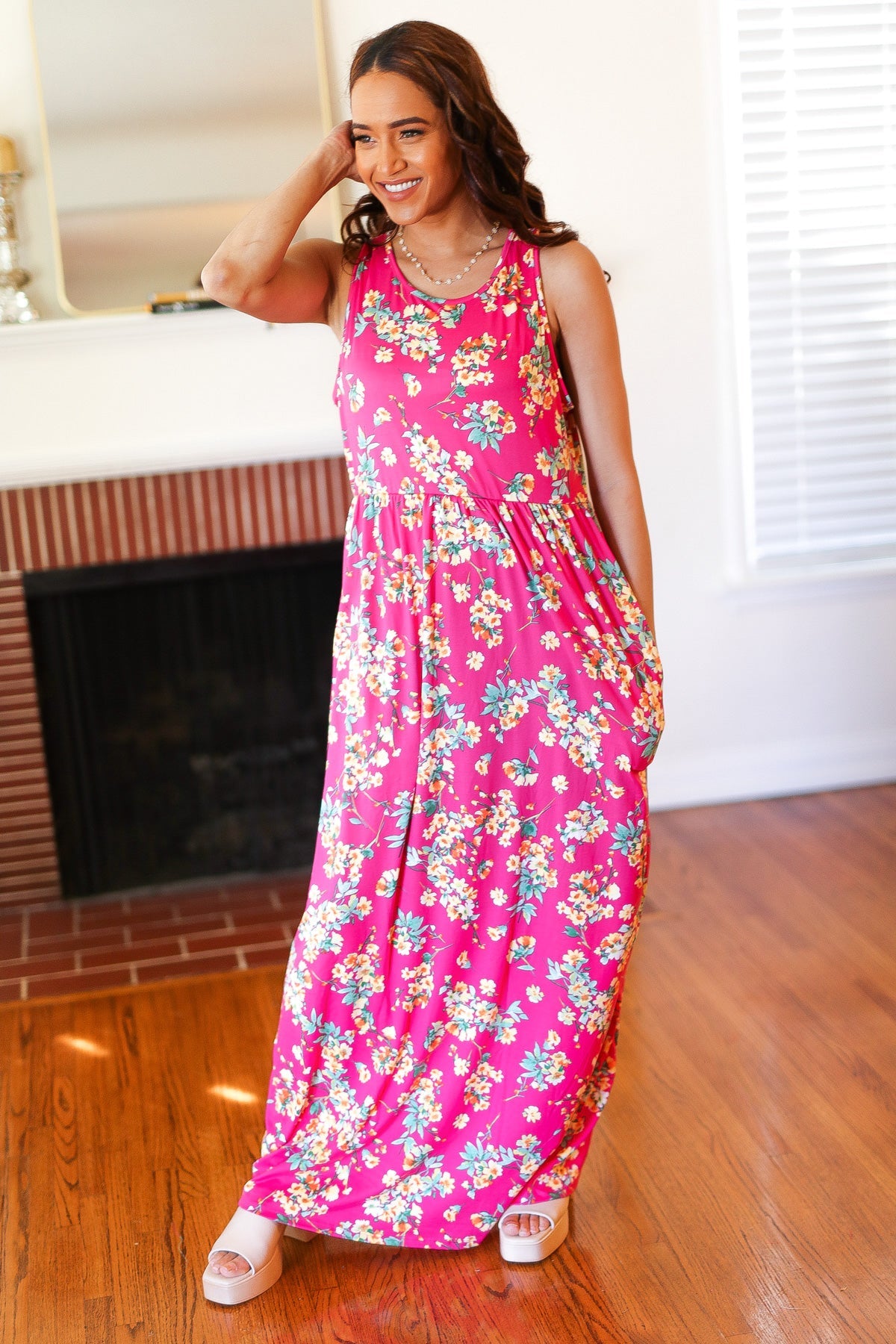 Pink Floral Print Fit and Flare Sleeveless Maxi Dress