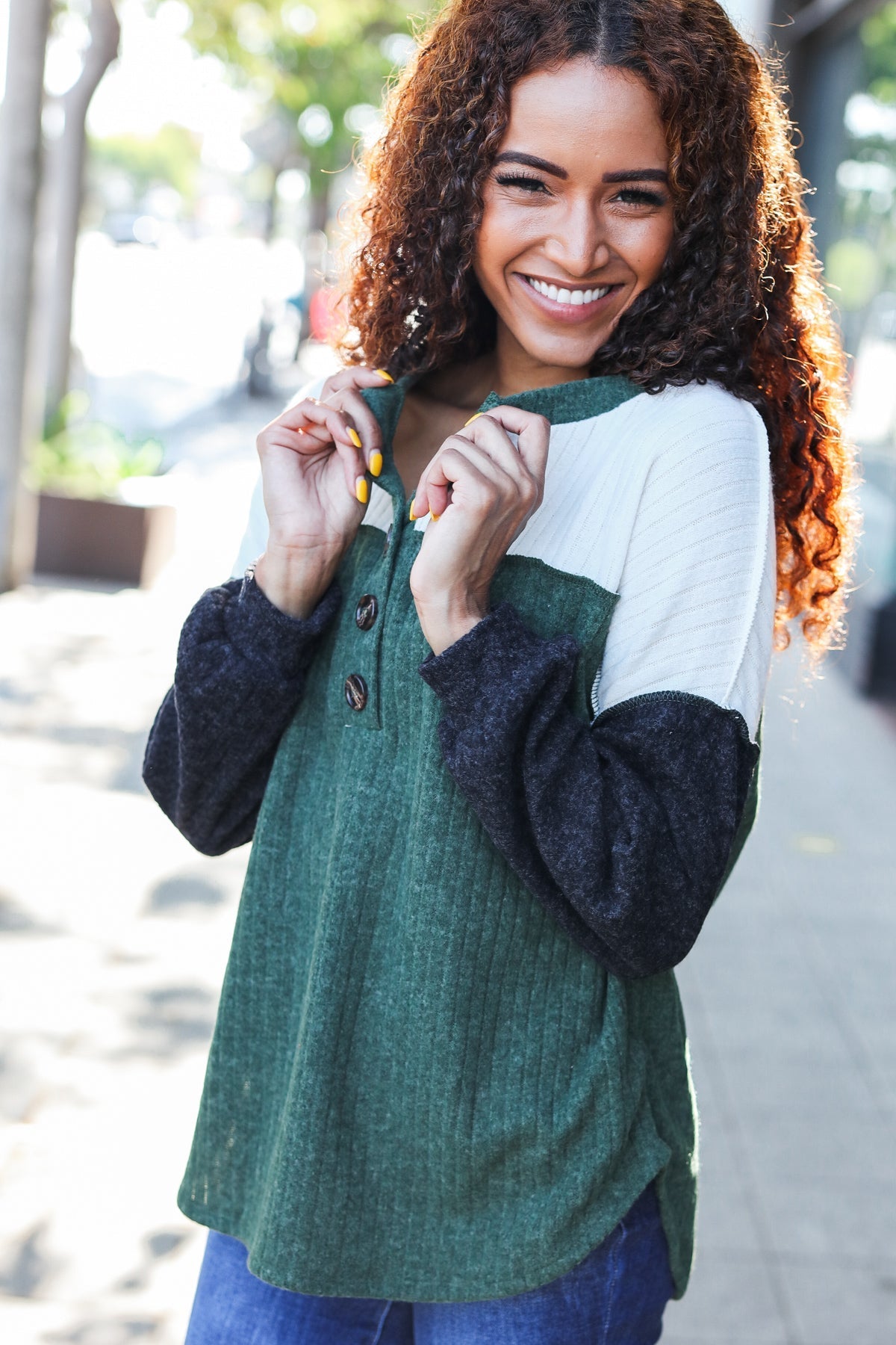 Start Your Day Olive Ribbed Henley Color Block Sweater Top