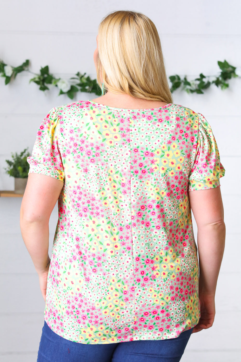 Canary/Mint Floral Square Neck Bubble Sleeve Top