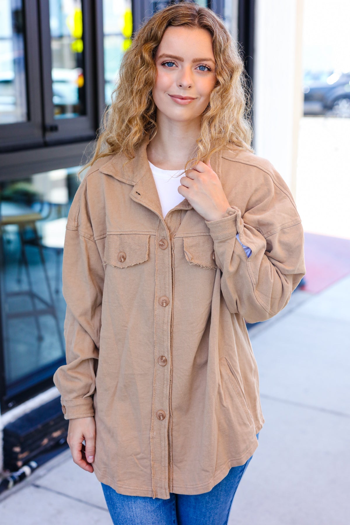 Weekend Ready Camel Terry Oversized Shirt Shacket