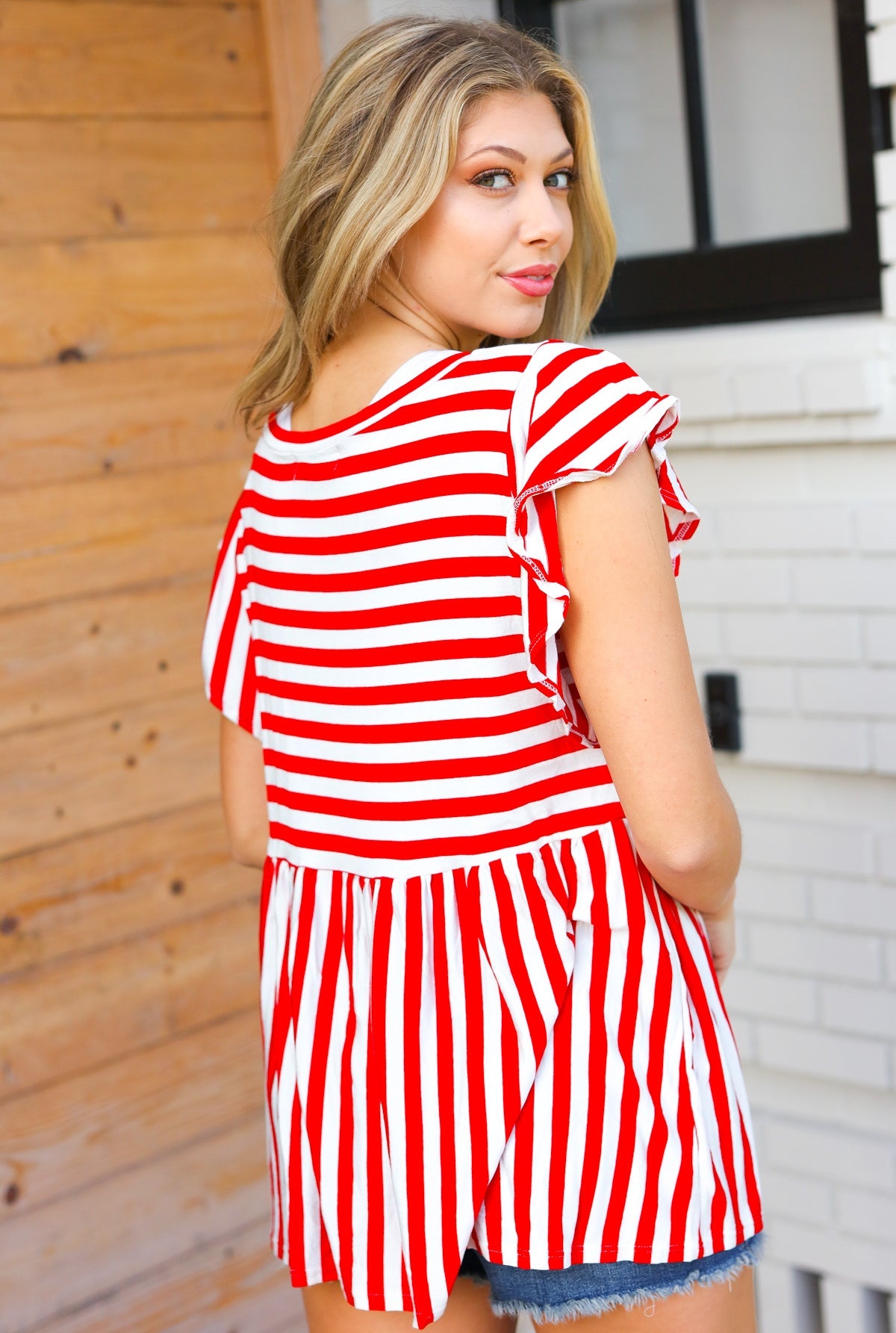 Red Stripe Babydoll Flutter Sleeve Top