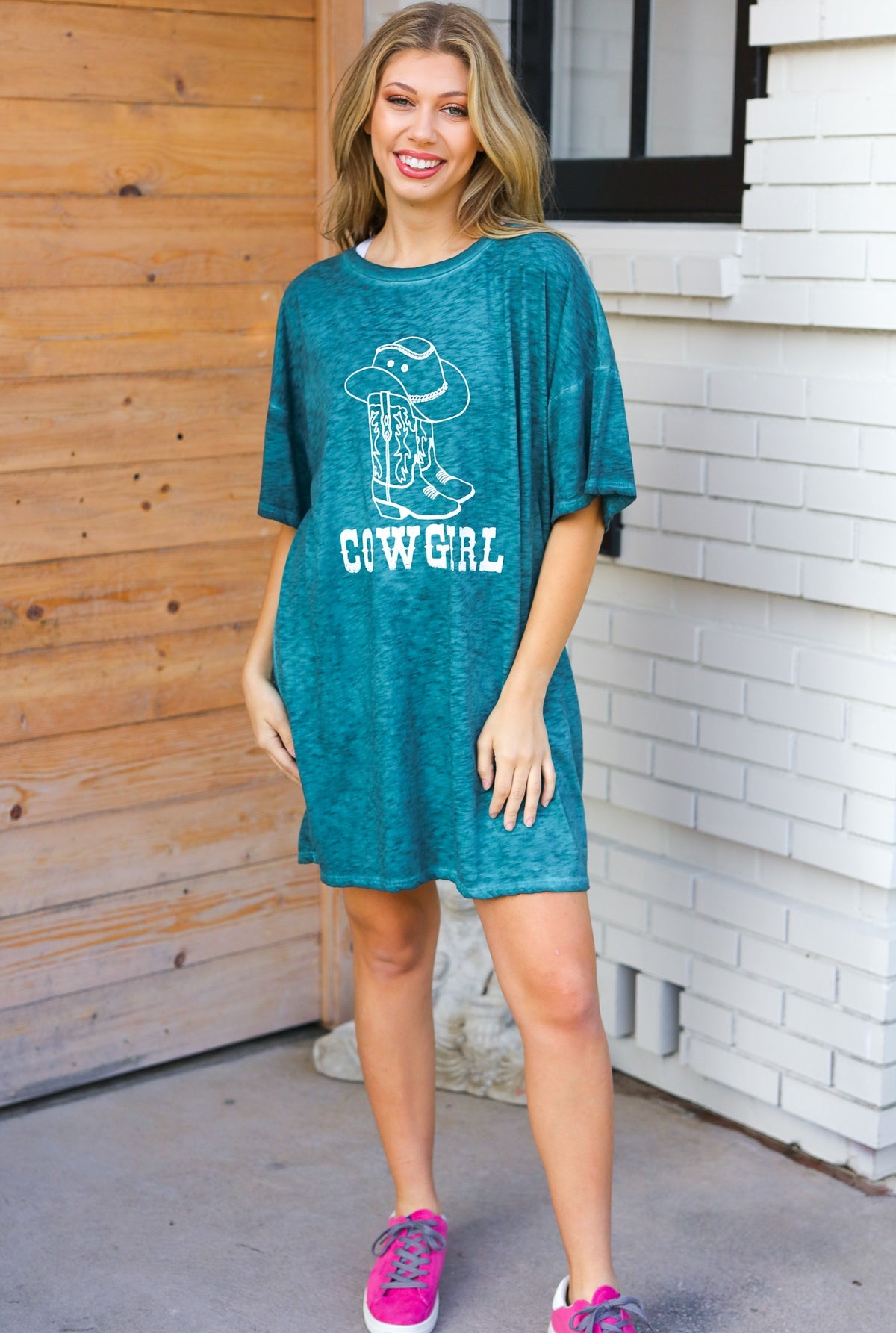 Emerald Cotton Blend COWGIRL Graphic Long Tee