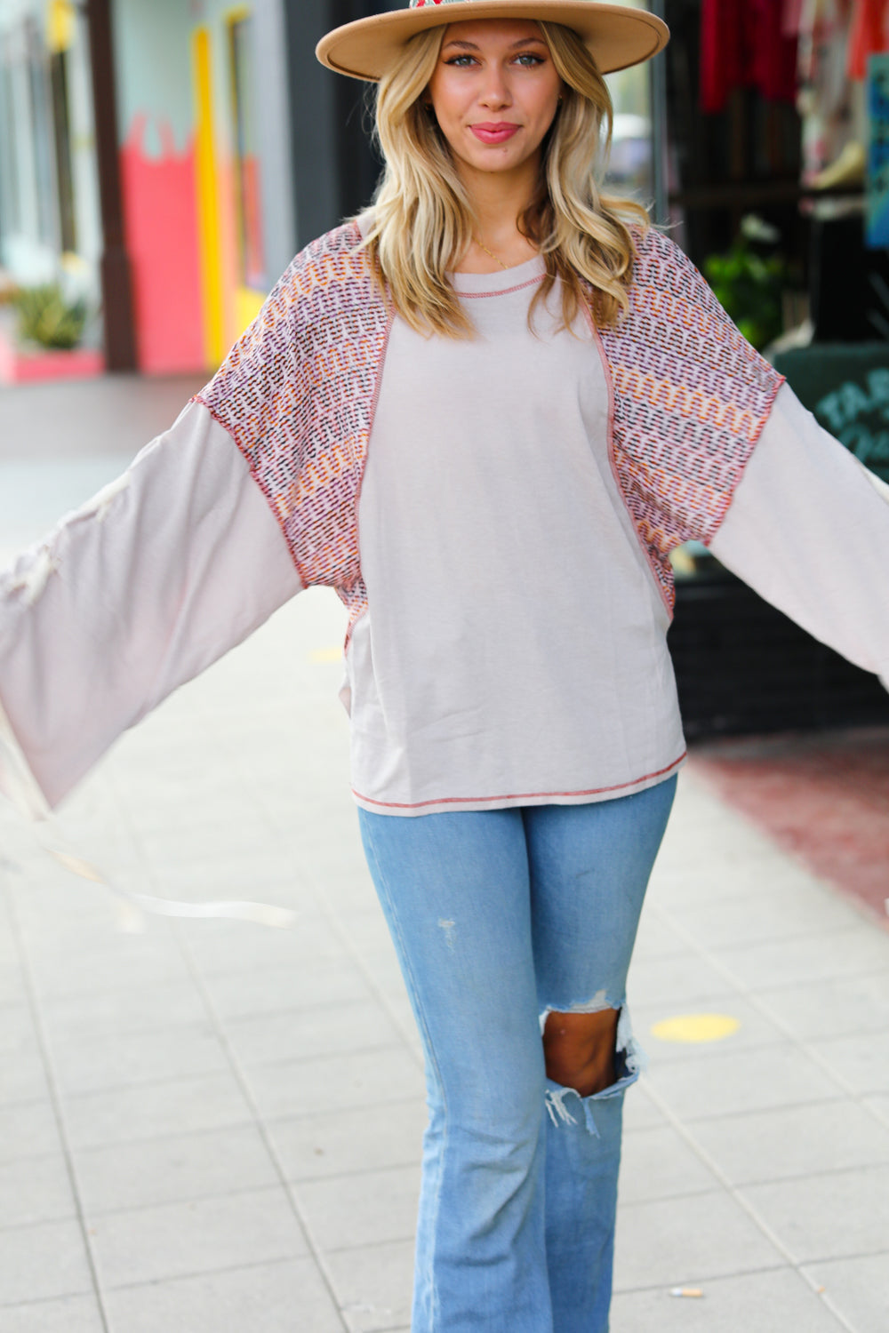 Taupe & Burgundy Chevron Raglan Lace-Up Bell Sleeve Top