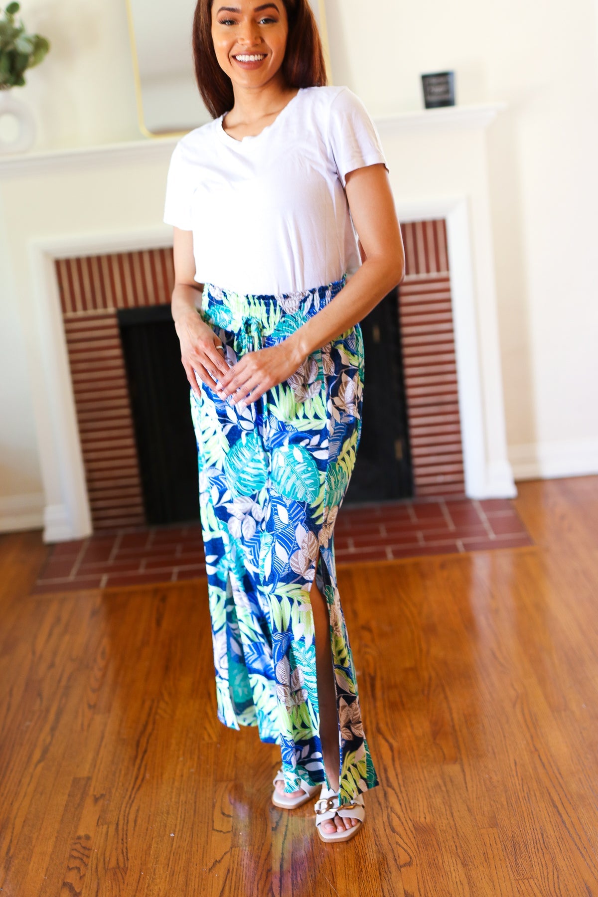 Tropical Boho Smocked Waist Side Slit Palazzo Pants