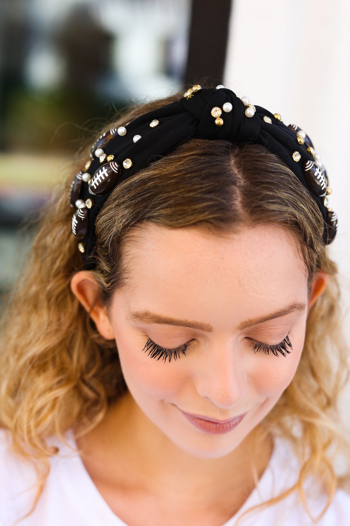 Black Stone & Gem Football Embellished Top Knot Headband