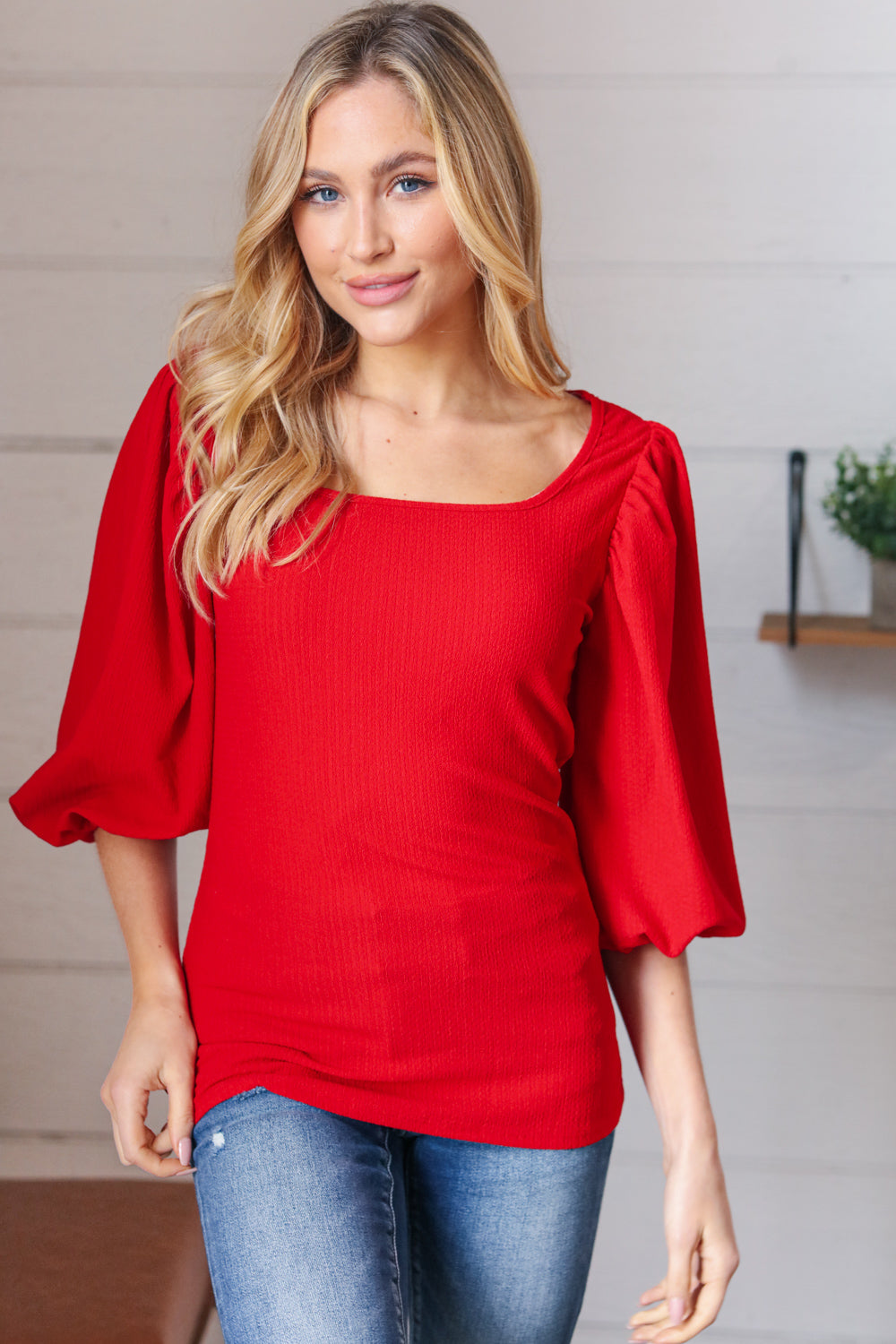 Red Crinkle Bubble Puff Sleeve Blouse