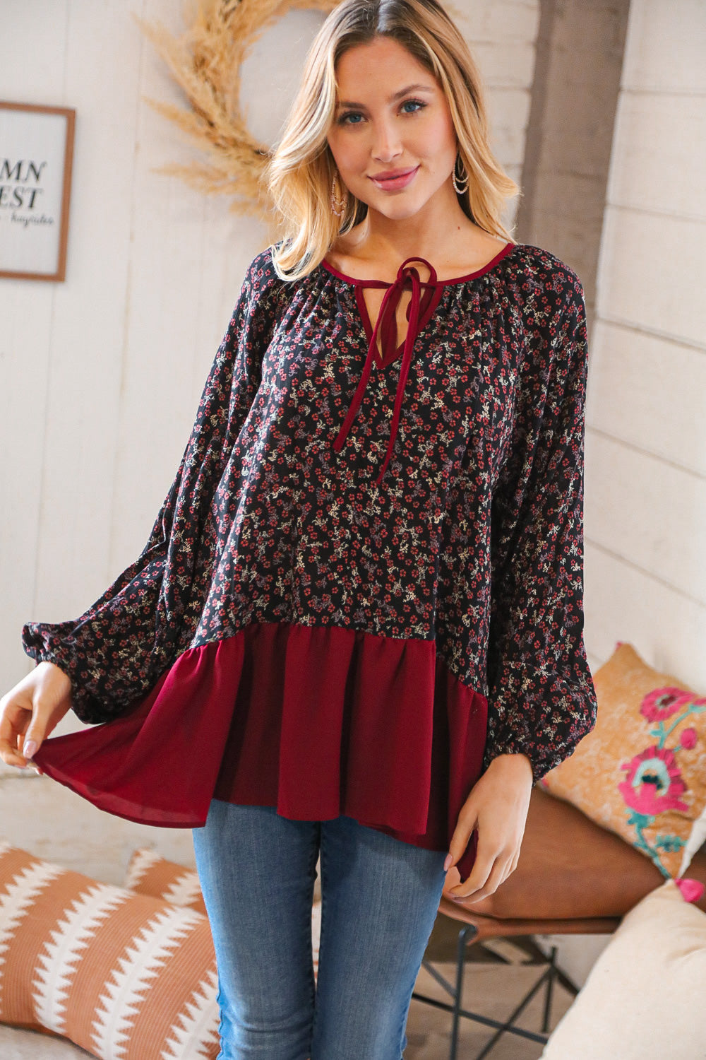 Wine Ditzy Floral Front Tie Ruffle Hem Top