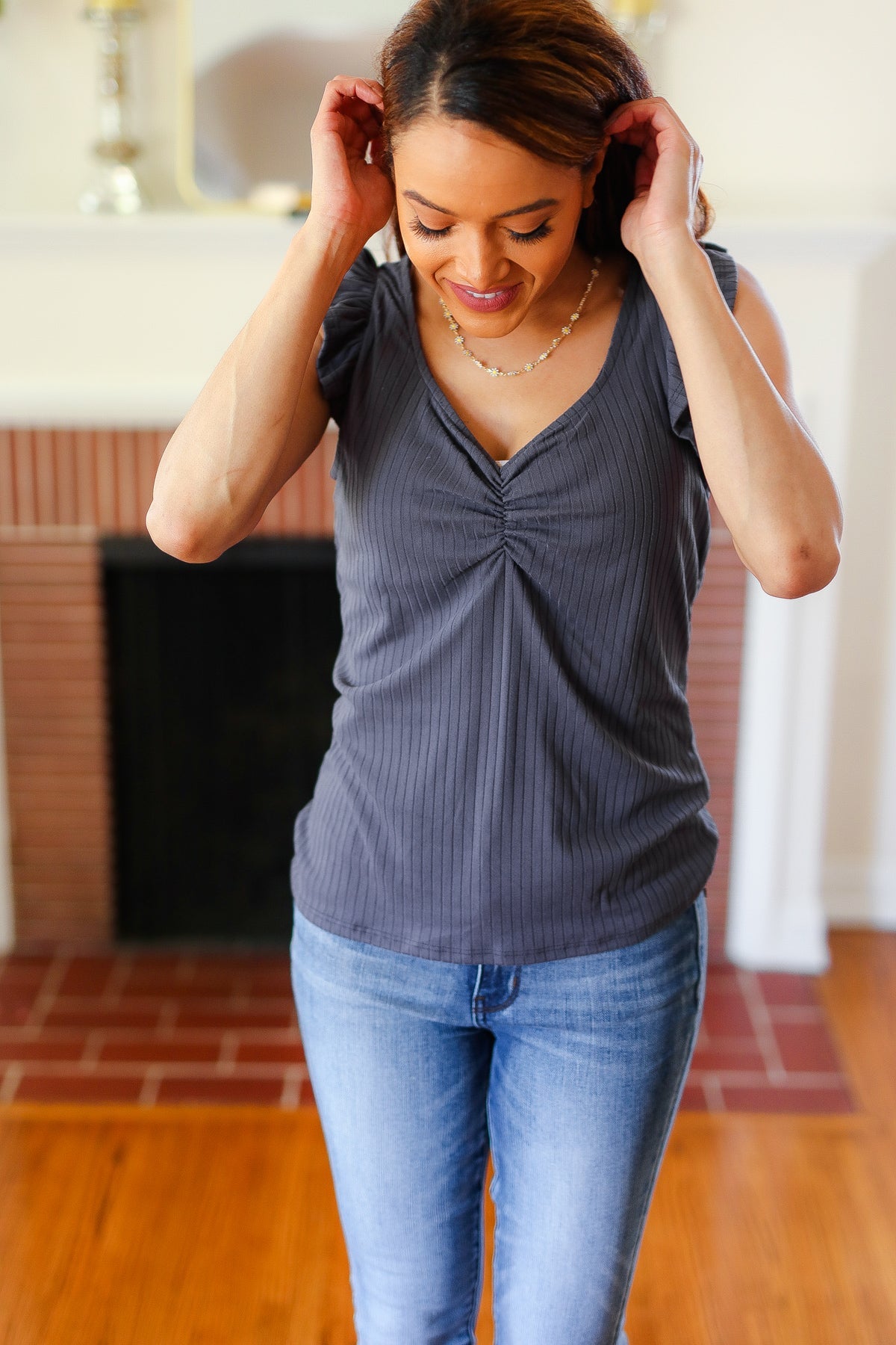 Sunny Days Charcoal Sweetheart Neckline Ribbed Top