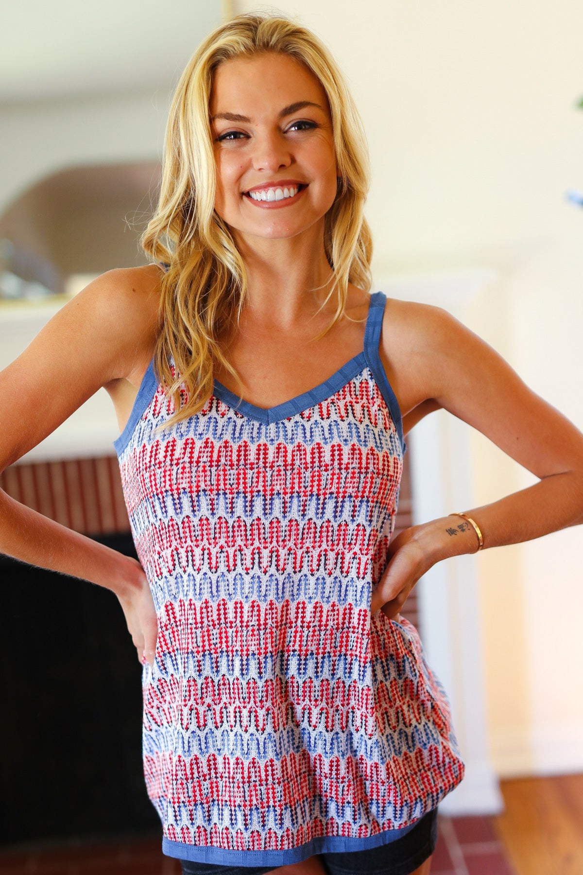 Red White & Blue Squiggly Striped Sleeveless Top