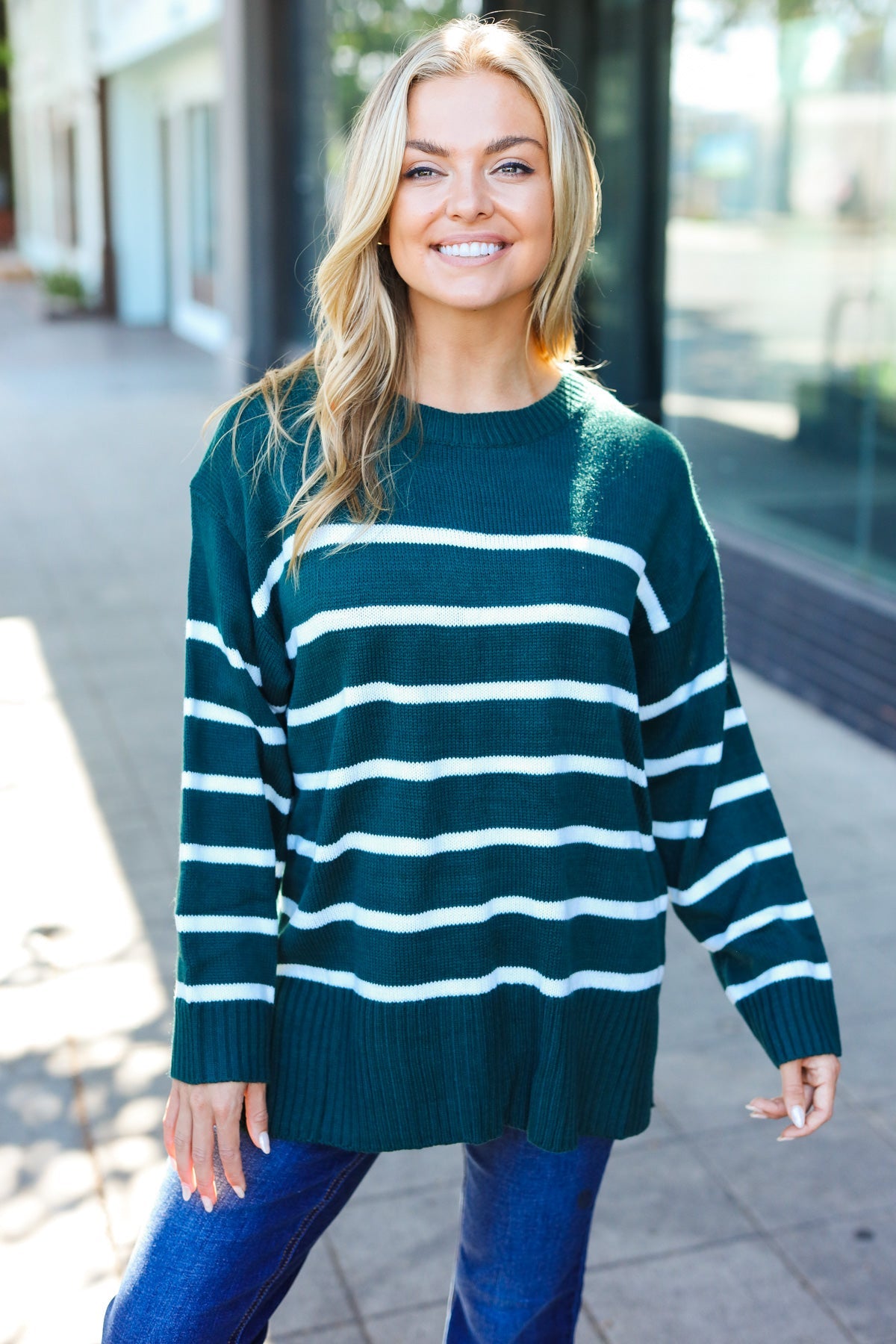 Stand Out Hunter Green Striped Oversized Knit Sweater