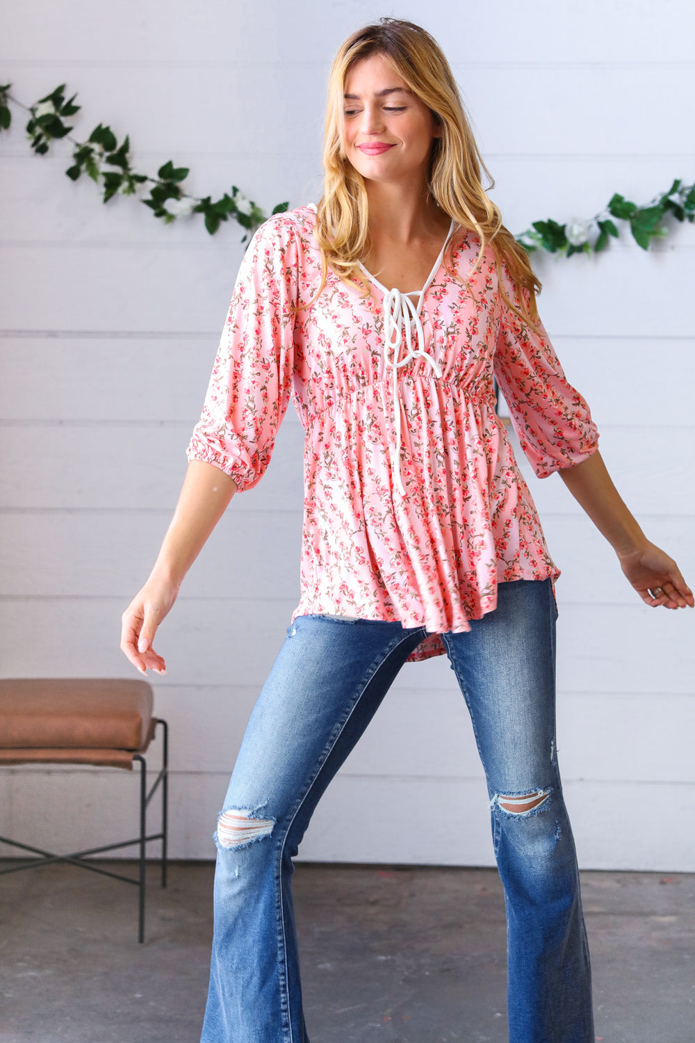 Pink Floral Stripe V Tie Neck Knit Top