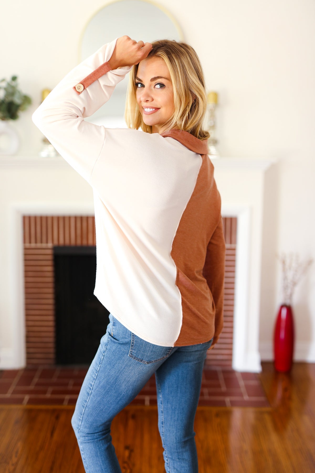 Start Your Day Rust Half & Half Collared Notched Neck Top