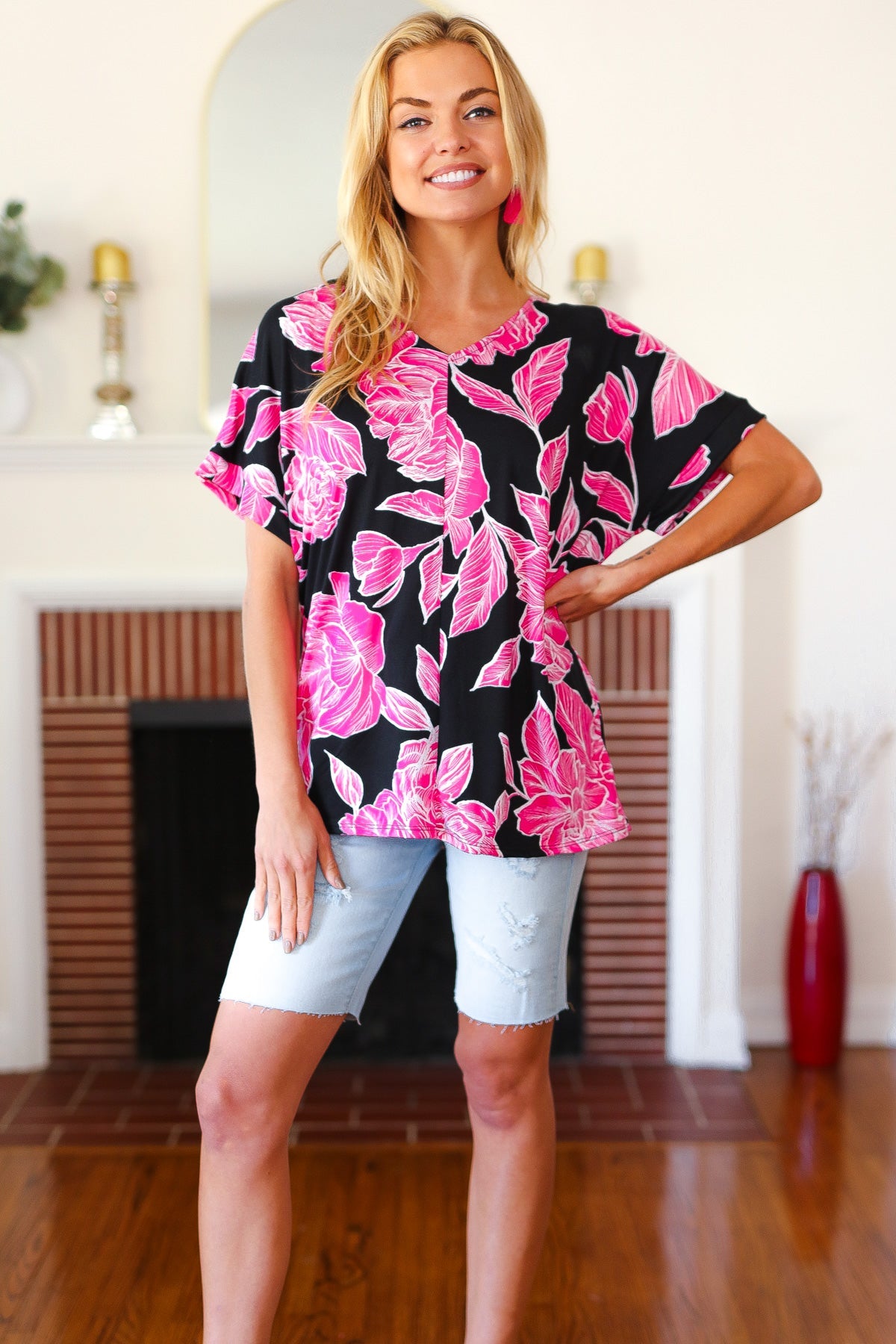 Tropical Vibes Black & Hot Pink Floral V Neck Top