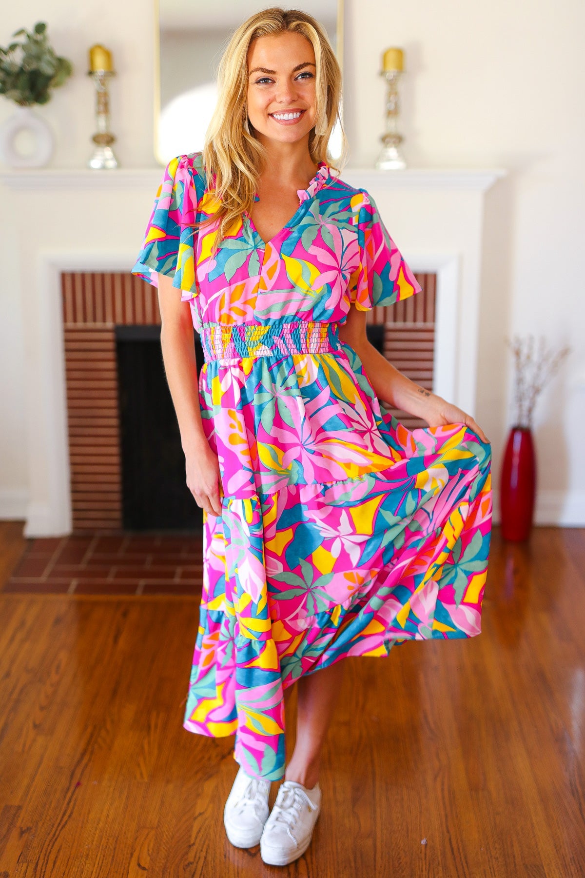 Tropical Trance Fuchsia Floral Smocked Waist Maxi Dress