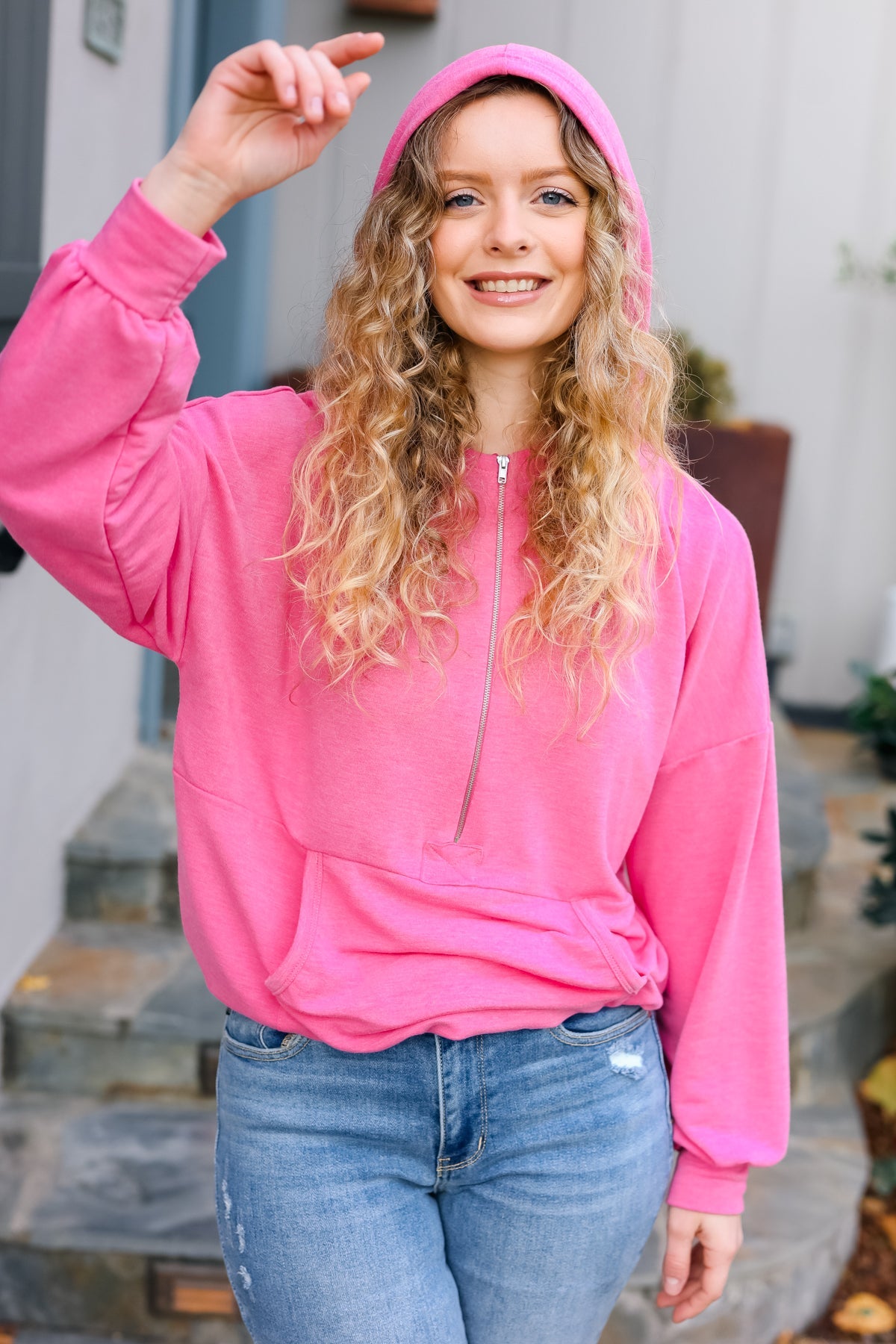 Ready to Relax Hot Pink Half Zip French Terry Hoodie