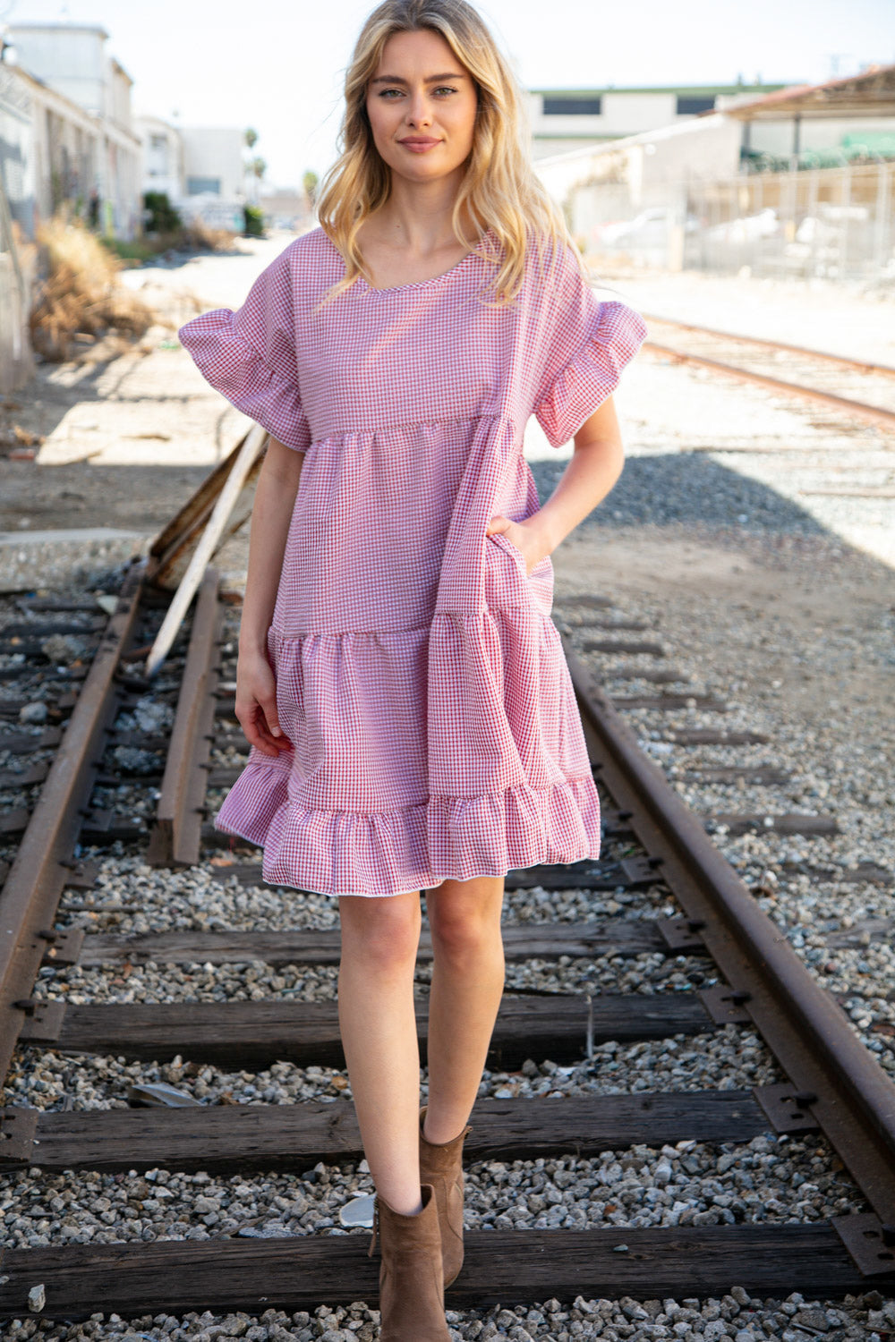 Red Ruffle Tiered Gingham Cotton Pocketed Dress