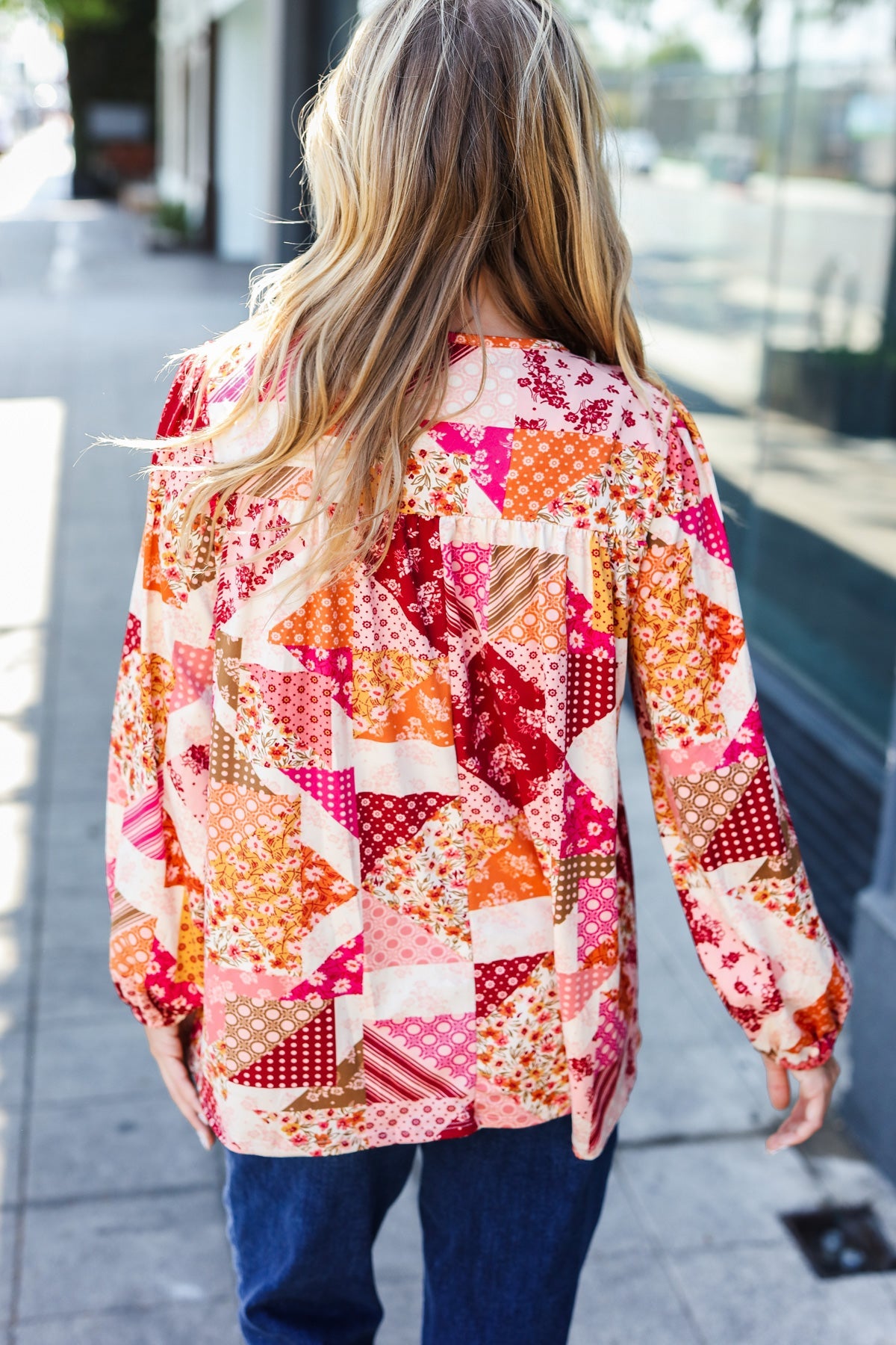 Rust & Magenta Patchwork Print Front Tie Boho Top