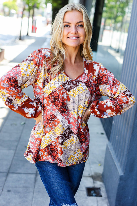 Rust Harvest Floral Patchwork V Neck Blouse