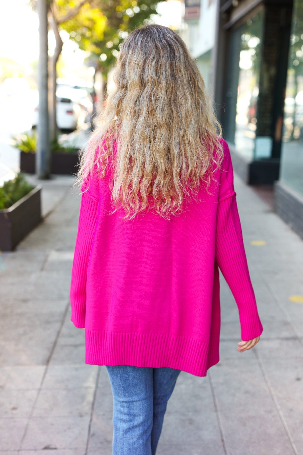 Be Bold Magenta Oversized V Neck Rib Knit Sweater