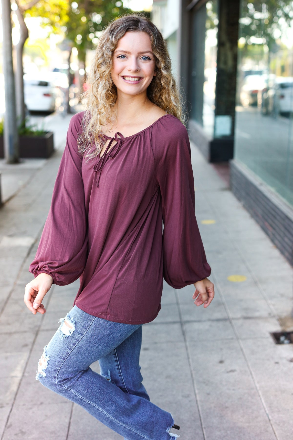 Versatile Wine Front Tie Modal Knit Peasant Top