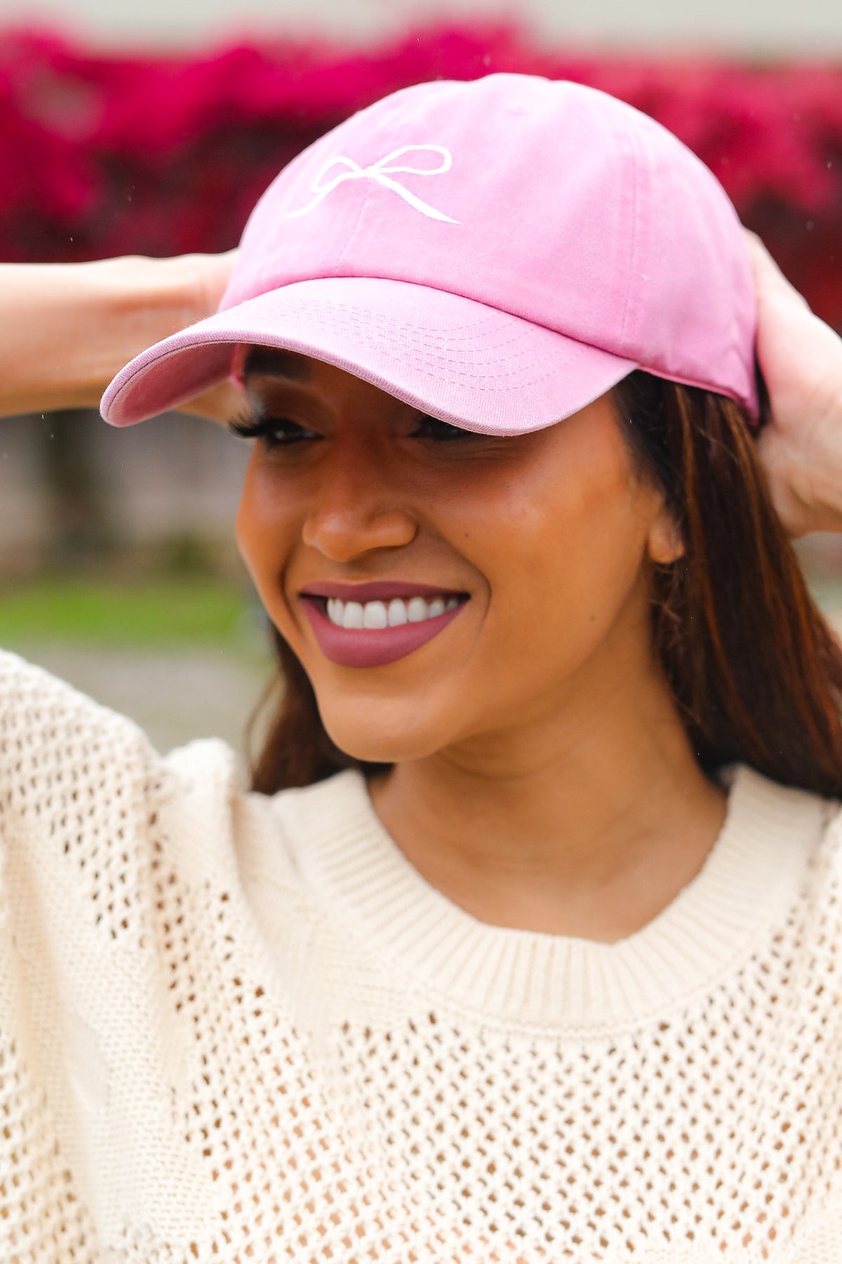 Pink Embroidered Bow Baseball Cap