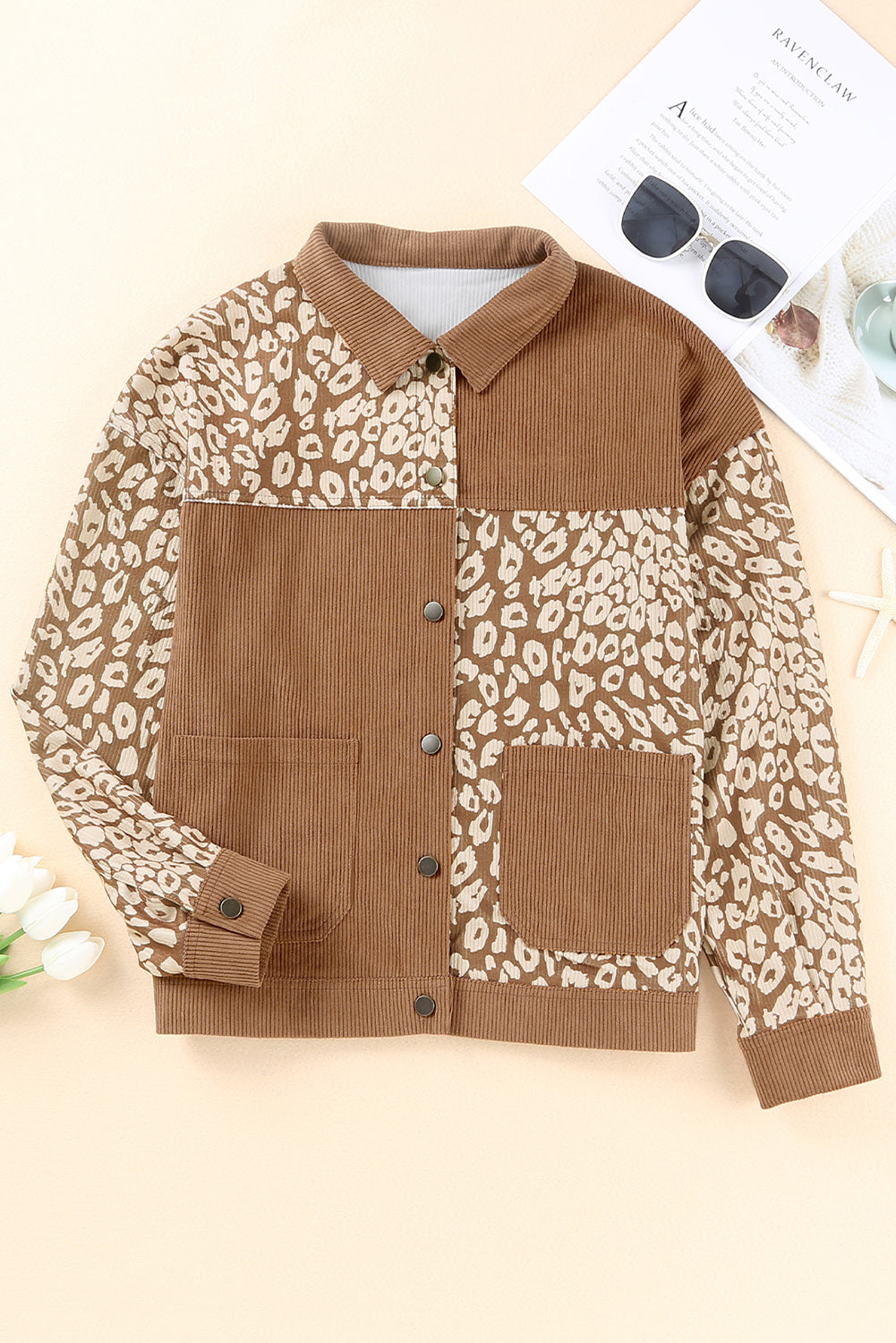 Brown Leopard Print Corduroy Long Sleeve Jacket