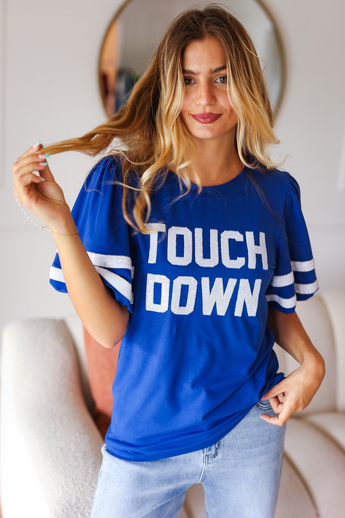 Stand Out Blue "TOUCHDOWN" Sequin Bubble Sleeve Game Day Top