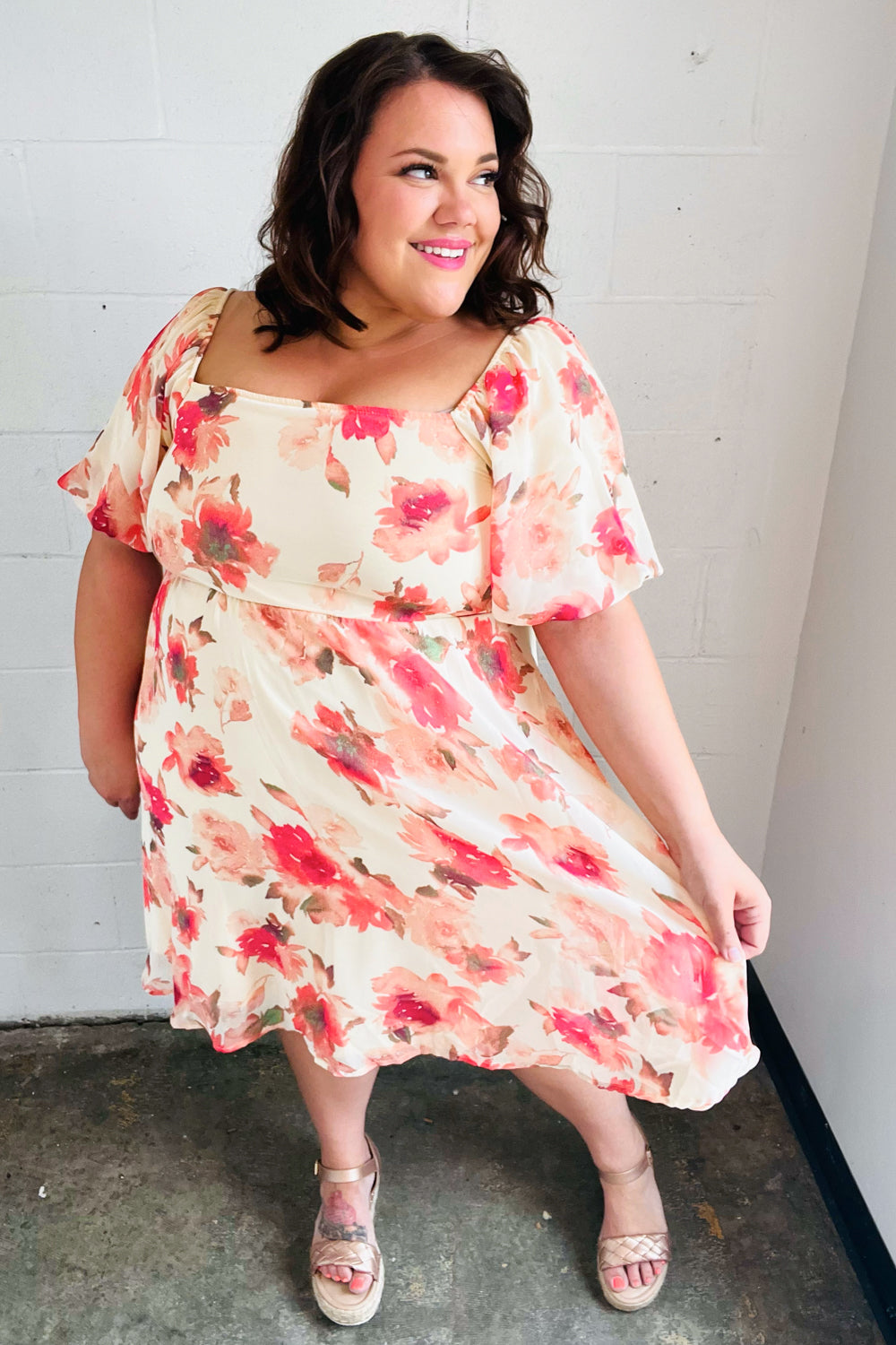 Peach Floral Chiffon Puff Sleeve Dress