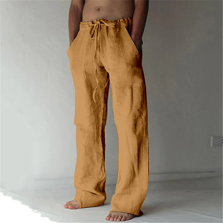 Solid Color Cotton And Linen Drawstring Loose Casual Pants