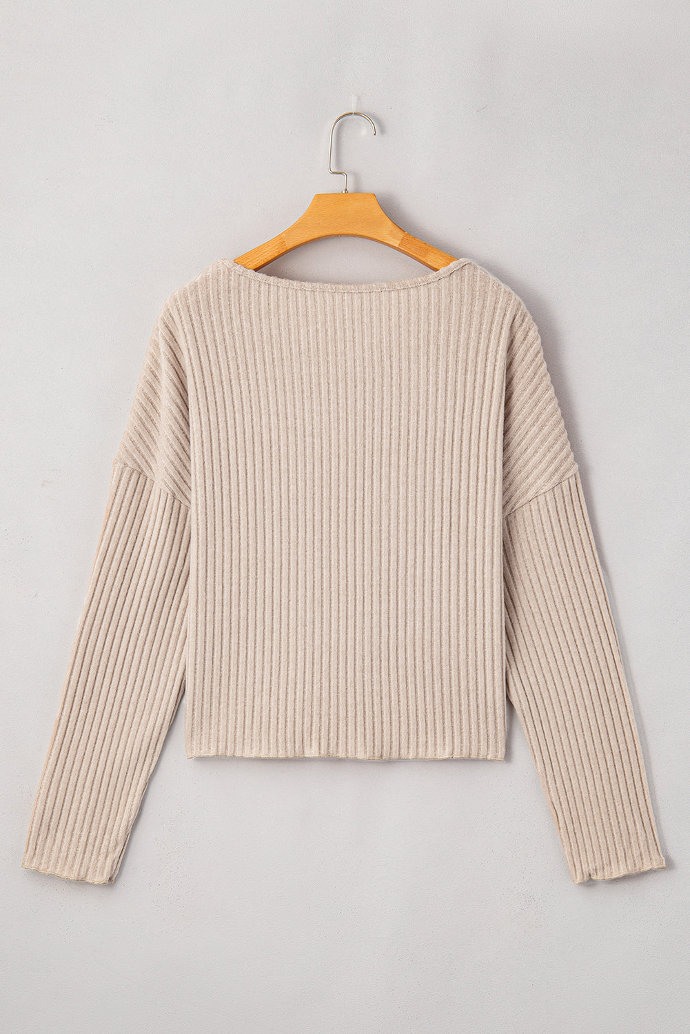 Beige Lettuce Cuffs Drop Shoulder Loose Ribbed Knit Top