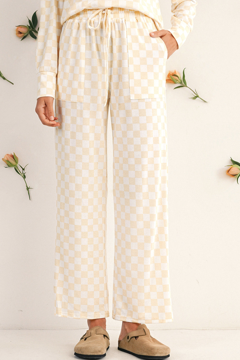 Beige Checkered Print Long Sleeve Loose Fit Pajama Set