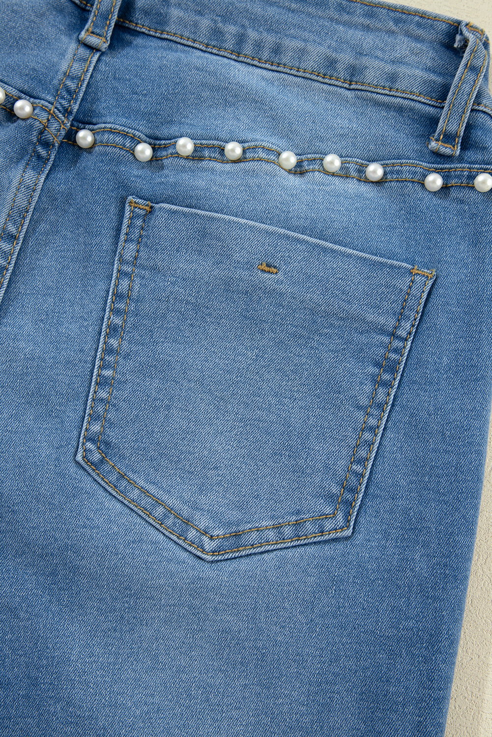 Dusk Blue Pearl Decor High Waist Flared Jeans