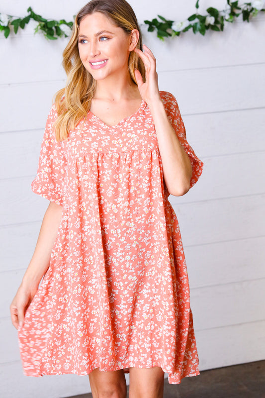 Peach Ditzy Floral Woven Dolman V Neck Dress