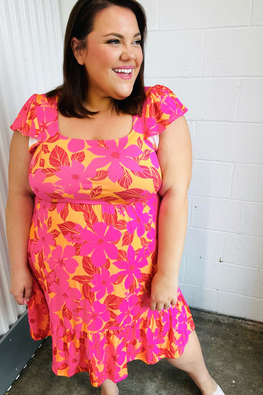 Fuchsia & Orange Tropical Floral Square Neck Dress