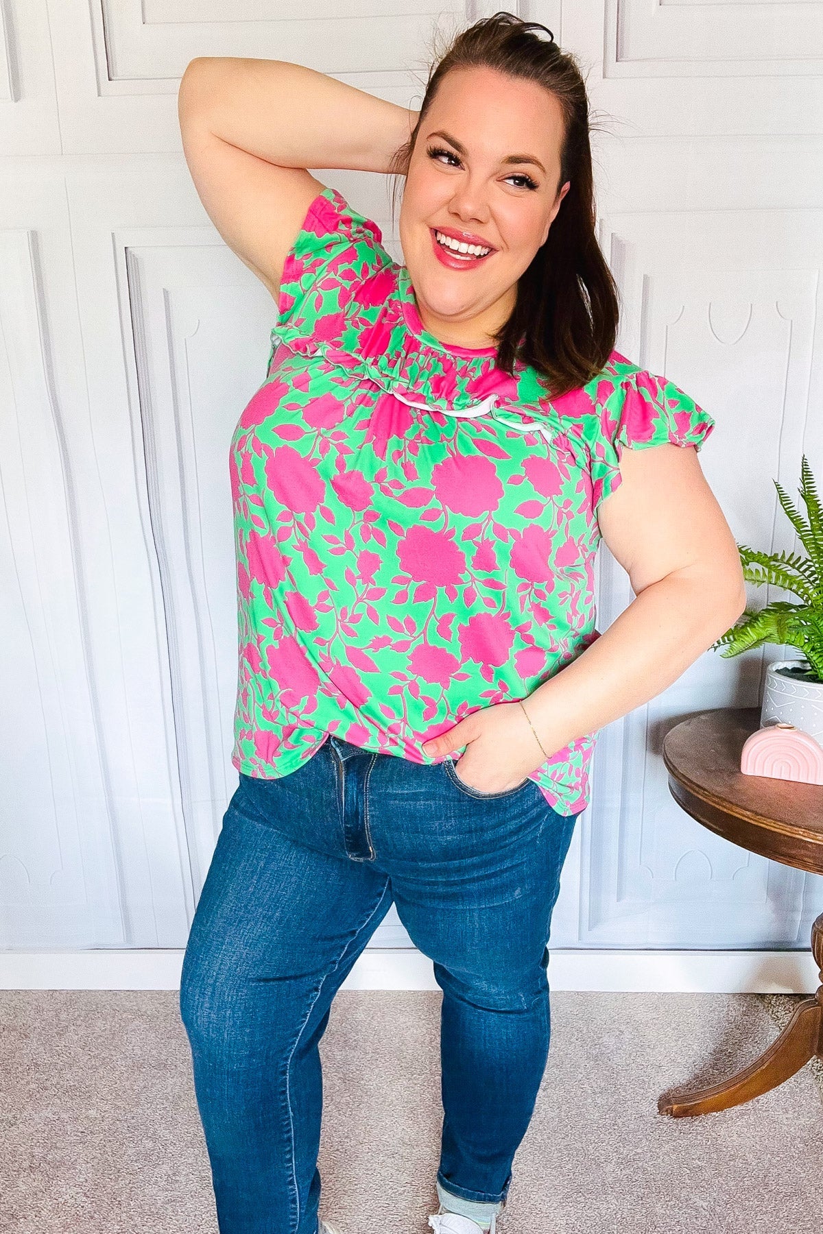 Sassy Green & Fuchsia Floral Ruffle Short Sleeve Yoke Top