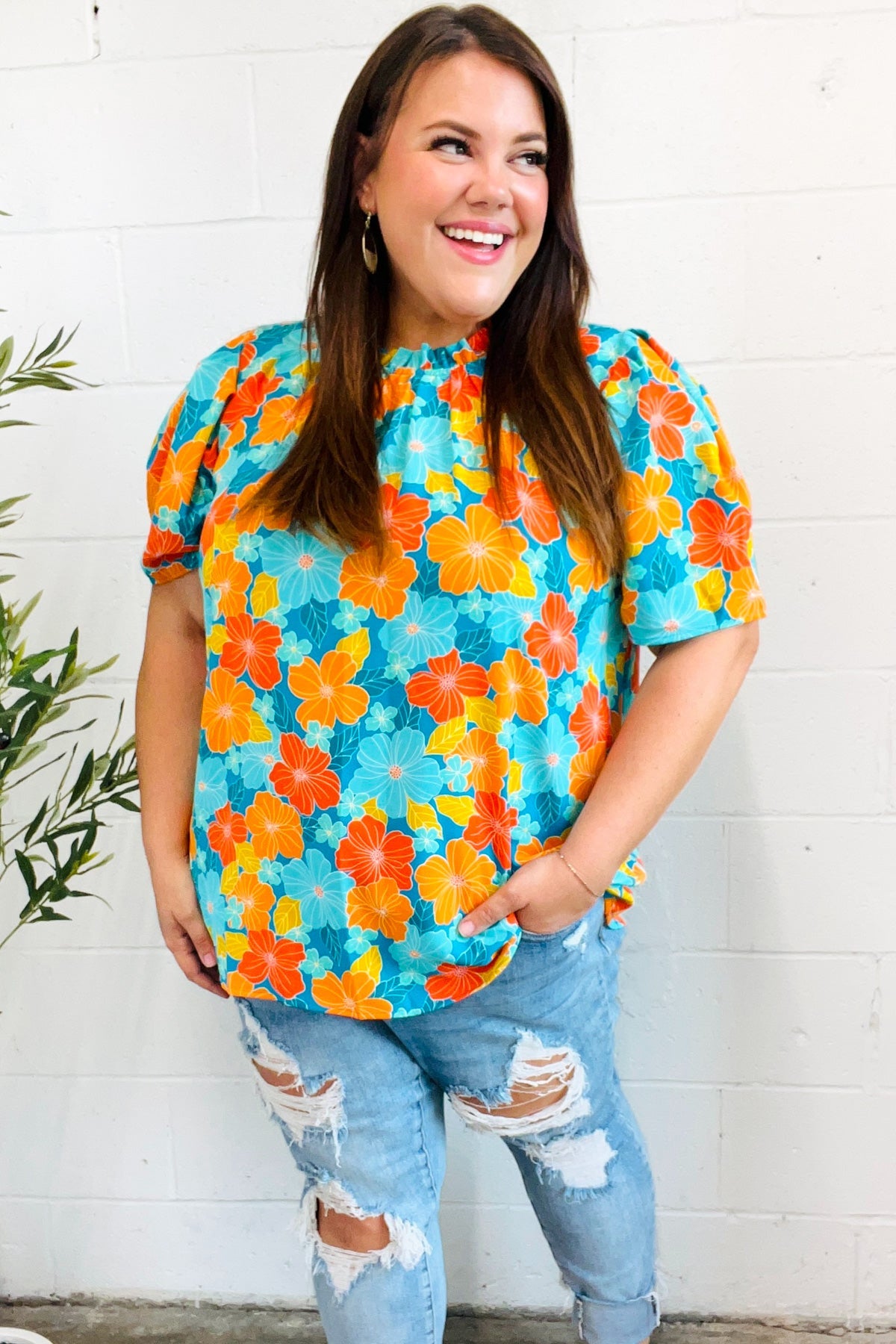 Vacay Ready Blue & Orange Floral Frill Mock Neck Top