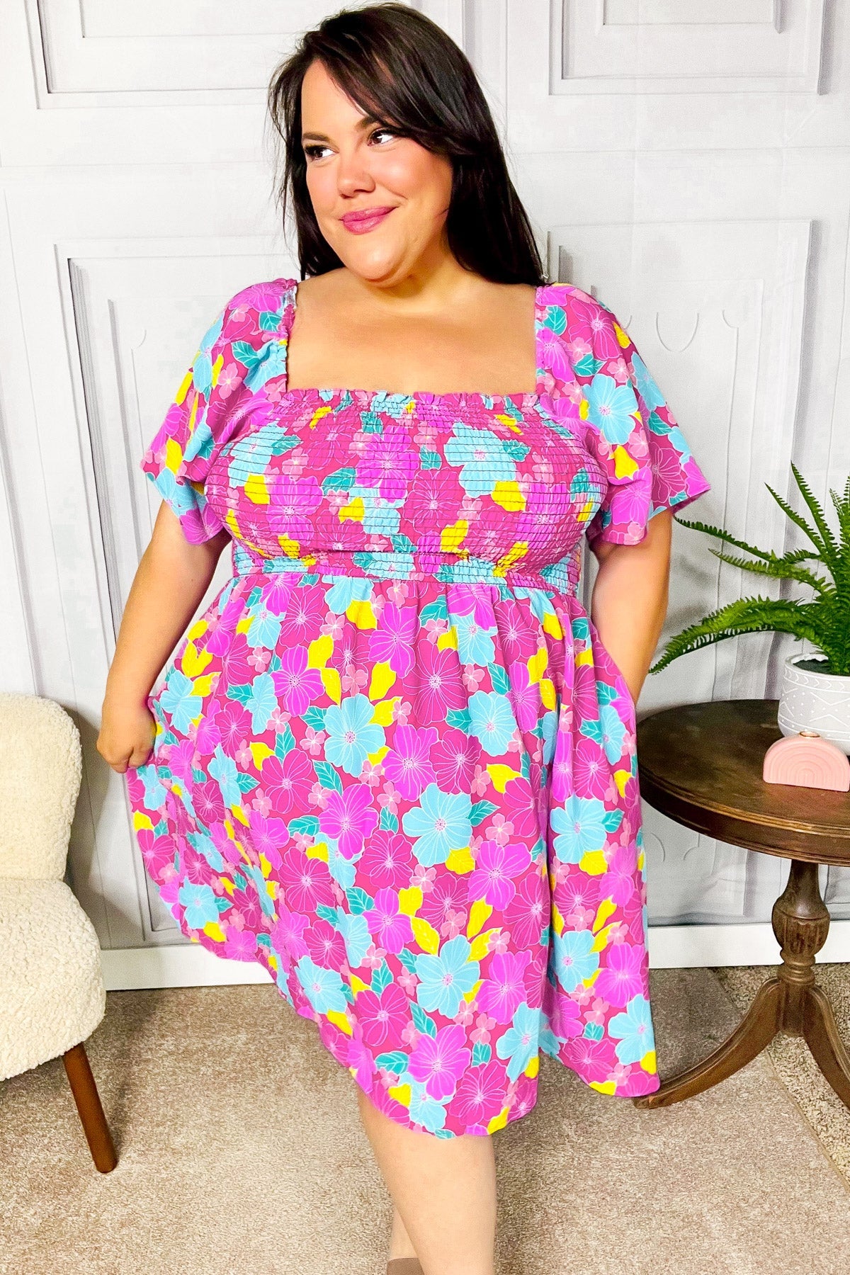 Vacay Vibes Fuchsia Floral Print Fit & Flare Smocked Dress