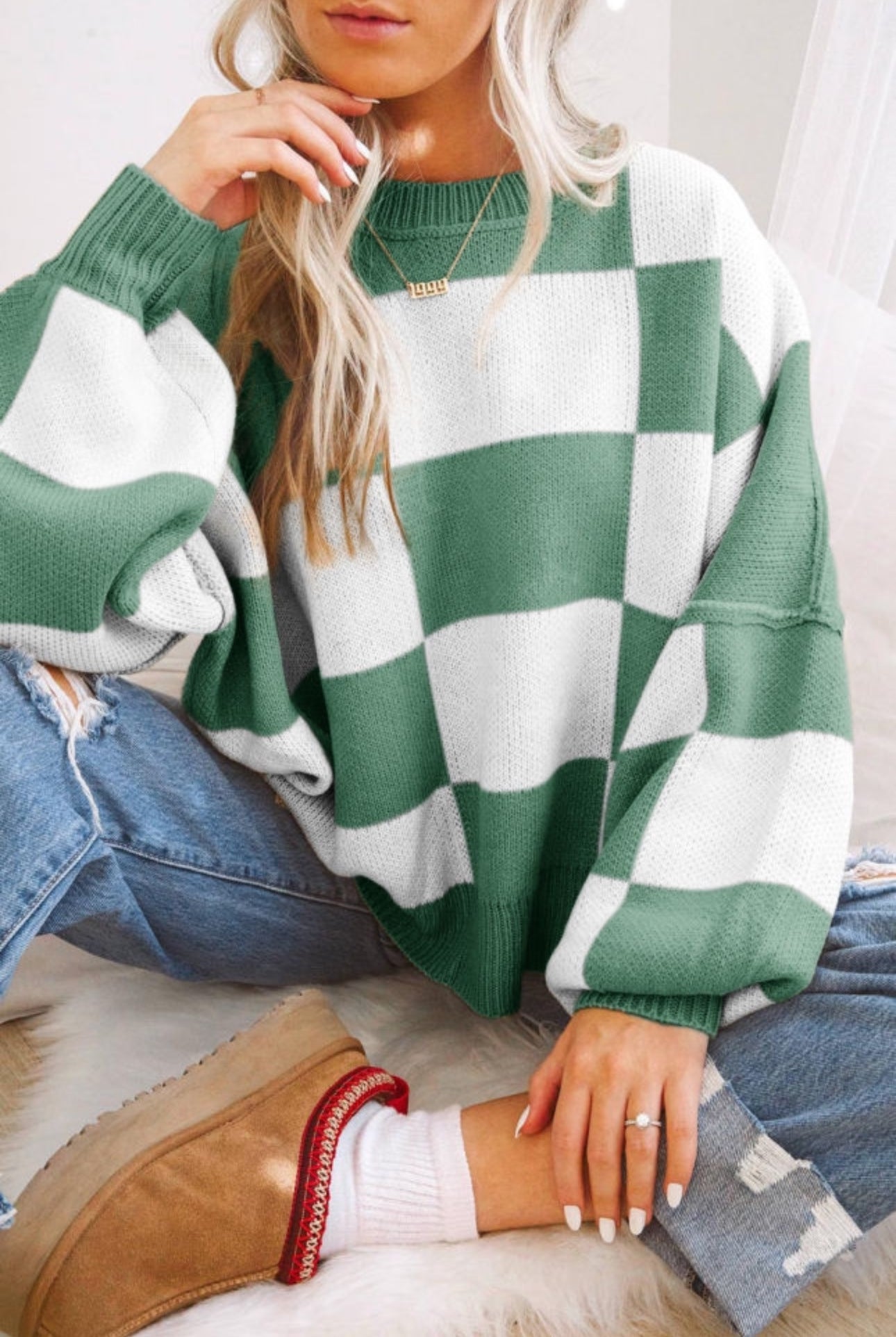 Green and White Checkered Sweater