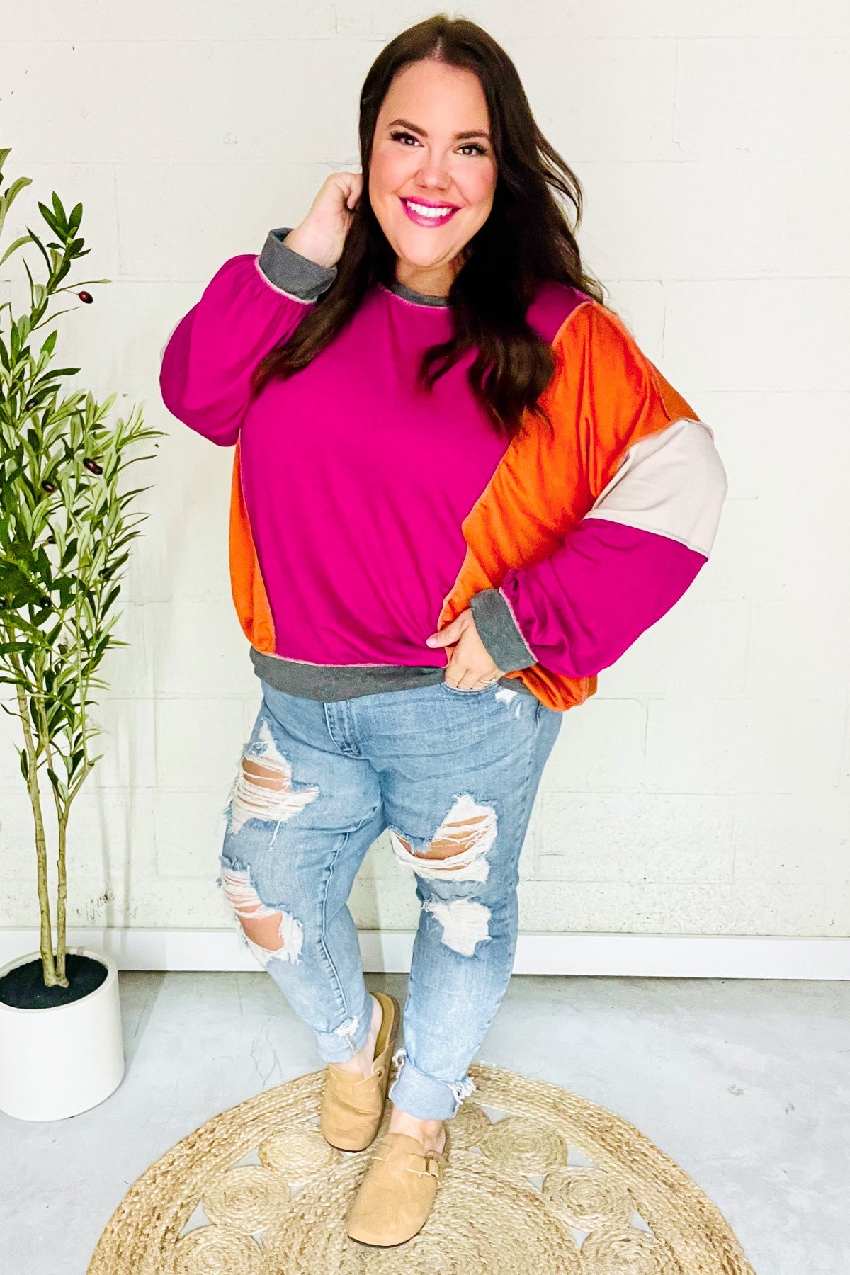 Brighten My Day Magenta Color Block Outseam Terry Top