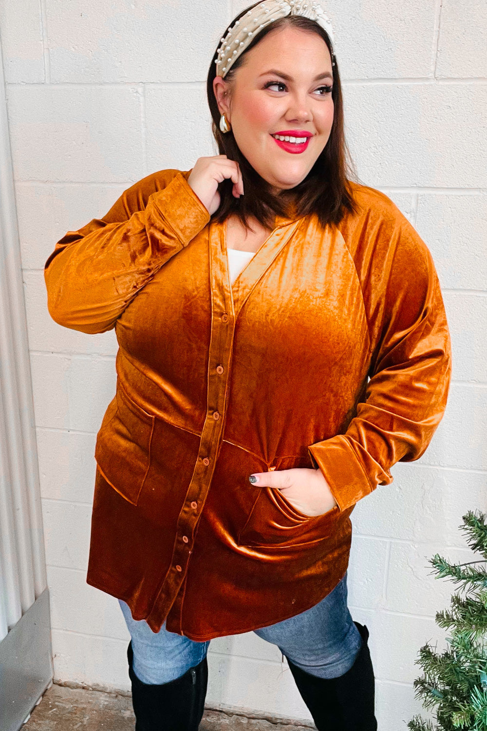 Dazzling Rust Velvet Button Down Tunic Top