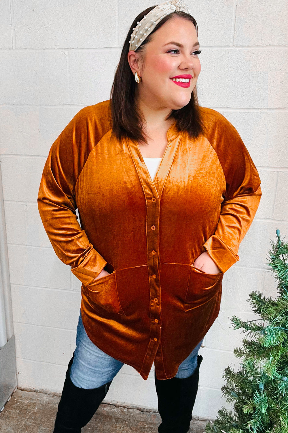 Dazzling Rust Velvet Button Down Tunic Top