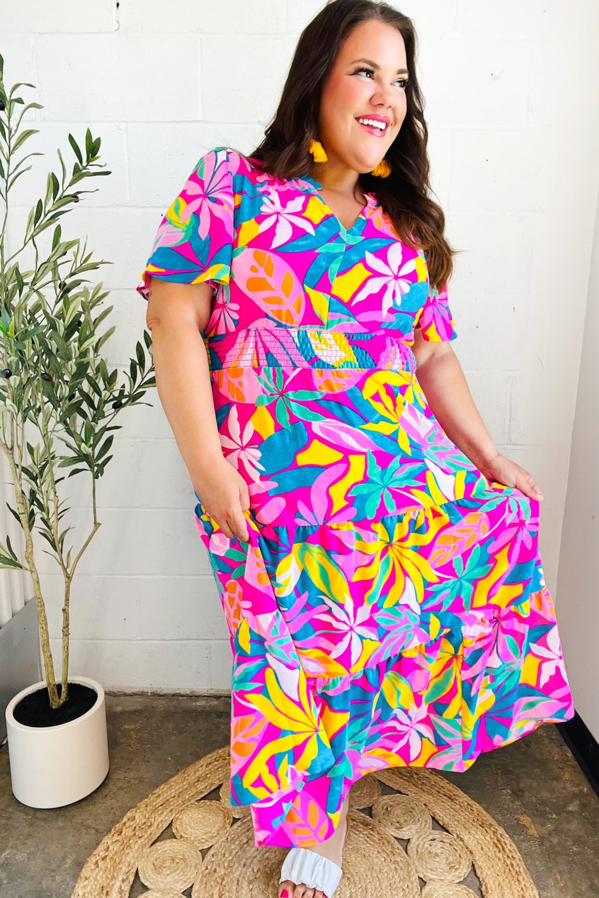 Tropical Trance Fuchsia Floral Smocked Waist Maxi Dress